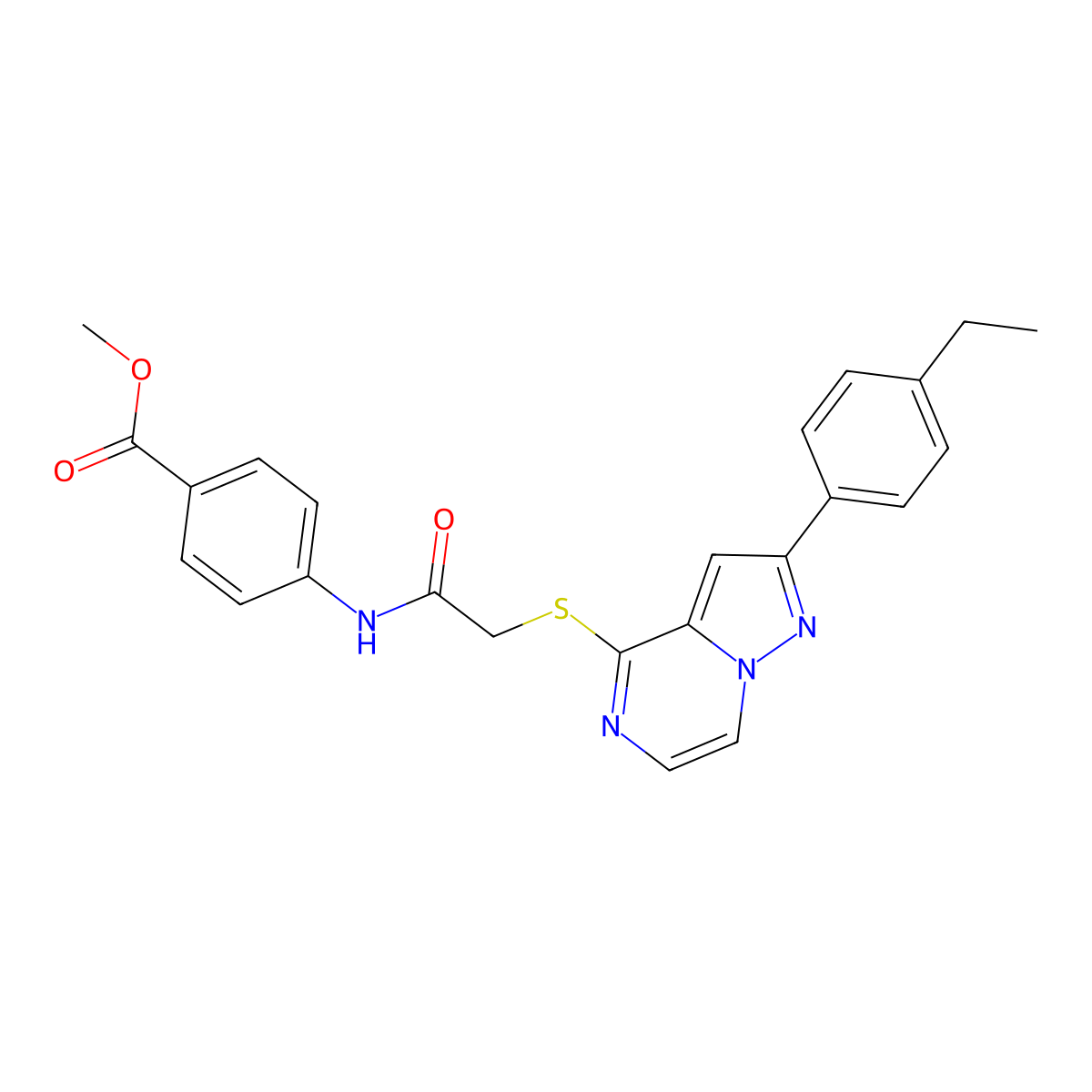 Methyl 4-(2-{[2-(4-ethylphenyl)pyrazolo[1,5-A]pyrazin-4-YL]sulfanyl}acetamido)benzoate molecular structure, CAS 1040651-61-3