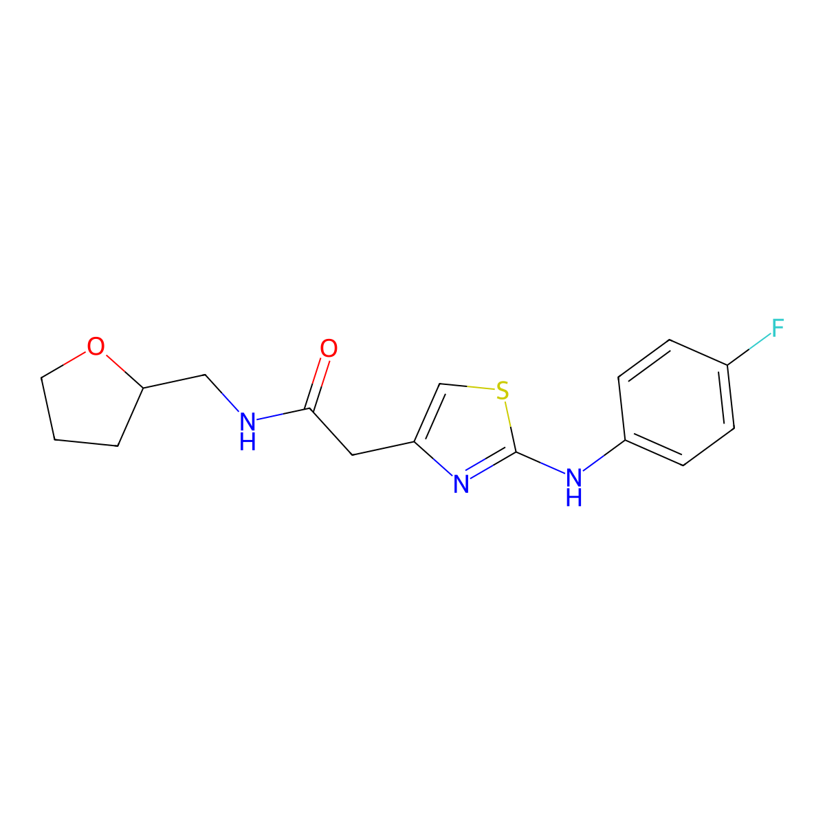2-(2-((4-fluorophenyl)amino)thiazol-4-yl)-N-((tetrahydrofuran-2-yl)methyl)acetamide molecular structure, CAS 1040651-69-1