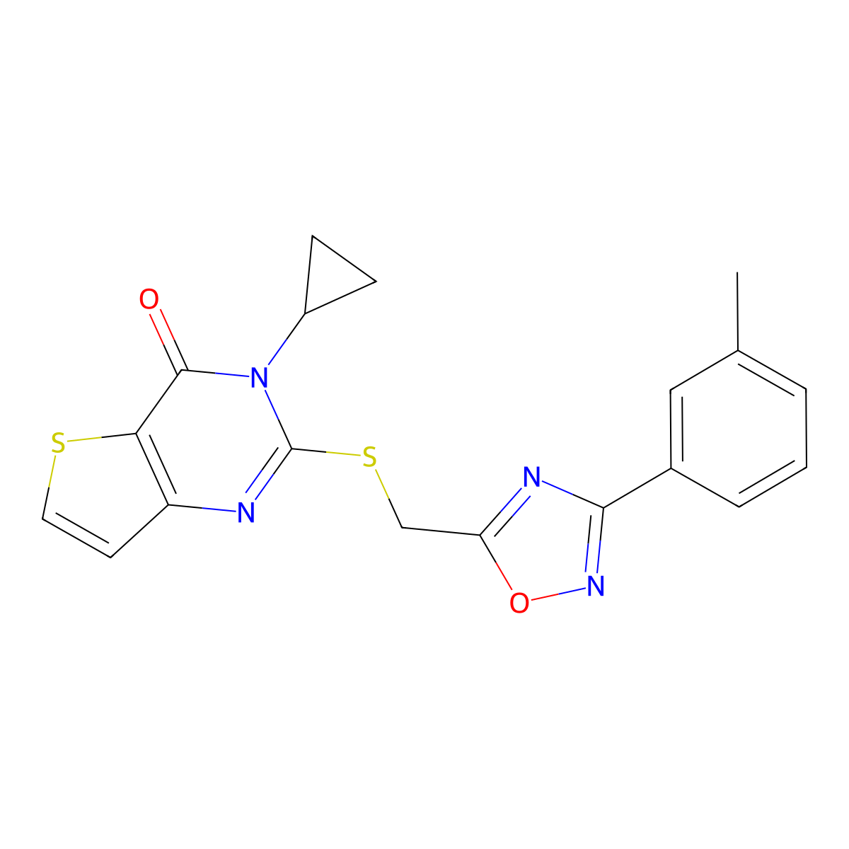 3-cyclopropyl-2-({[3-(3-methylphenyl)-1,2,4-oxadiazol-5-yl]methyl}sulfanyl)-3H,4H-thieno[3,2-d]pyrimidin-4-one molecular structure, CAS 1040651-85-1