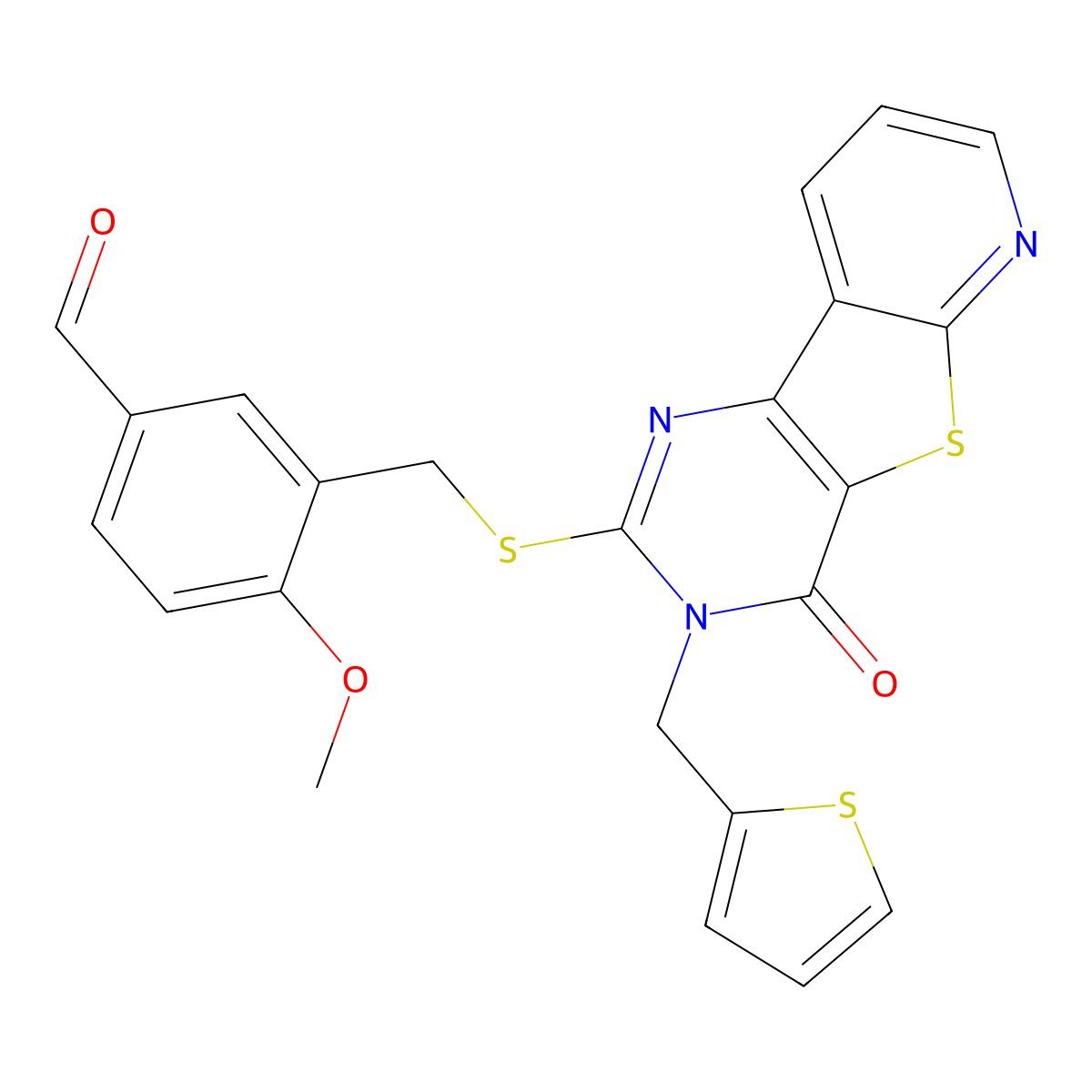 4-Methoxy-3-(((4-oxo-3-(thiophen-2-ylmethyl)-3,4-dihydropyrido[3',2':4,5]thieno[3,2-d]pyrimidin-2-yl)thio)methyl)benzaldehyde molecular structure, CAS 1040651-88-4