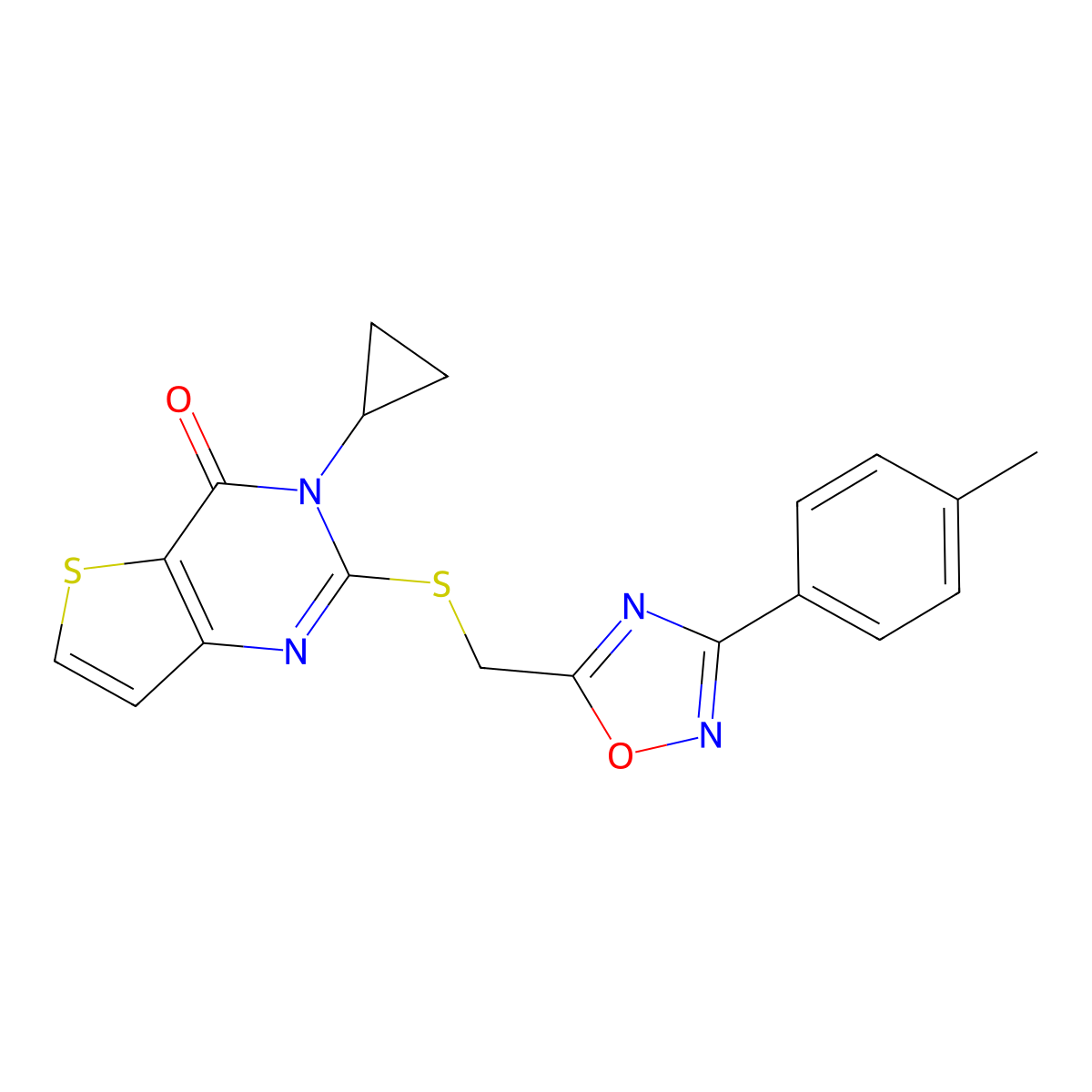 3-cyclopropyl-2-({[3-(4-methylphenyl)-1,2,4-oxadiazol-5-yl]methyl}sulfanyl)-3H,4H-thieno[3,2-d]pyrimidin-4-one molecular structure, CAS 1040651-92-0