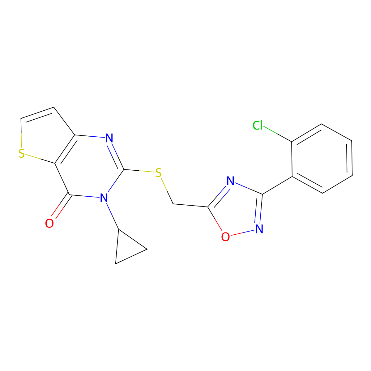 2-(((3-(2-chlorophenyl)-1,2,4-oxadiazol-5-yl)methyl)thio)-3-cyclopropylthieno[3,2-d]pyrimidin-4(3H)-one molecular structure, CAS 1040651-99-7