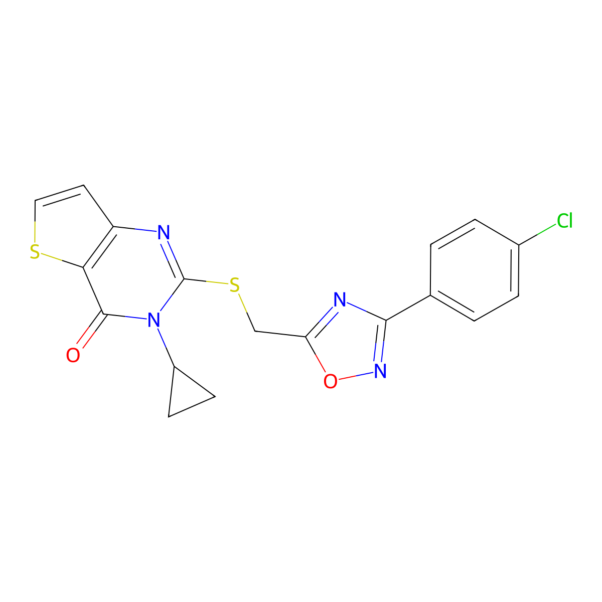 2-(((3-(4-chlorophenyl)-1,2,4-oxadiazol-5-yl)methyl)thio)-3-cyclopropylthieno[3,2-d]pyrimidin-4(3H)-one molecular structure, CAS 1040652-06-9