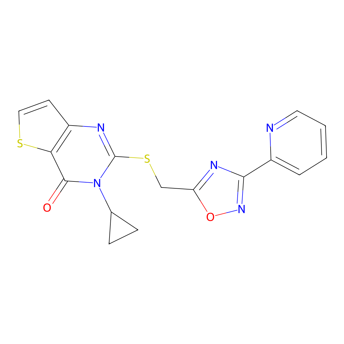 3-cyclopropyl-2-({[3-(pyridin-2-yl)-1,2,4-oxadiazol-5-yl]methyl}sulfanyl)-3H,4H-thieno[3,2-d]pyrimidin-4-one molecular structure, CAS 1040652-14-9