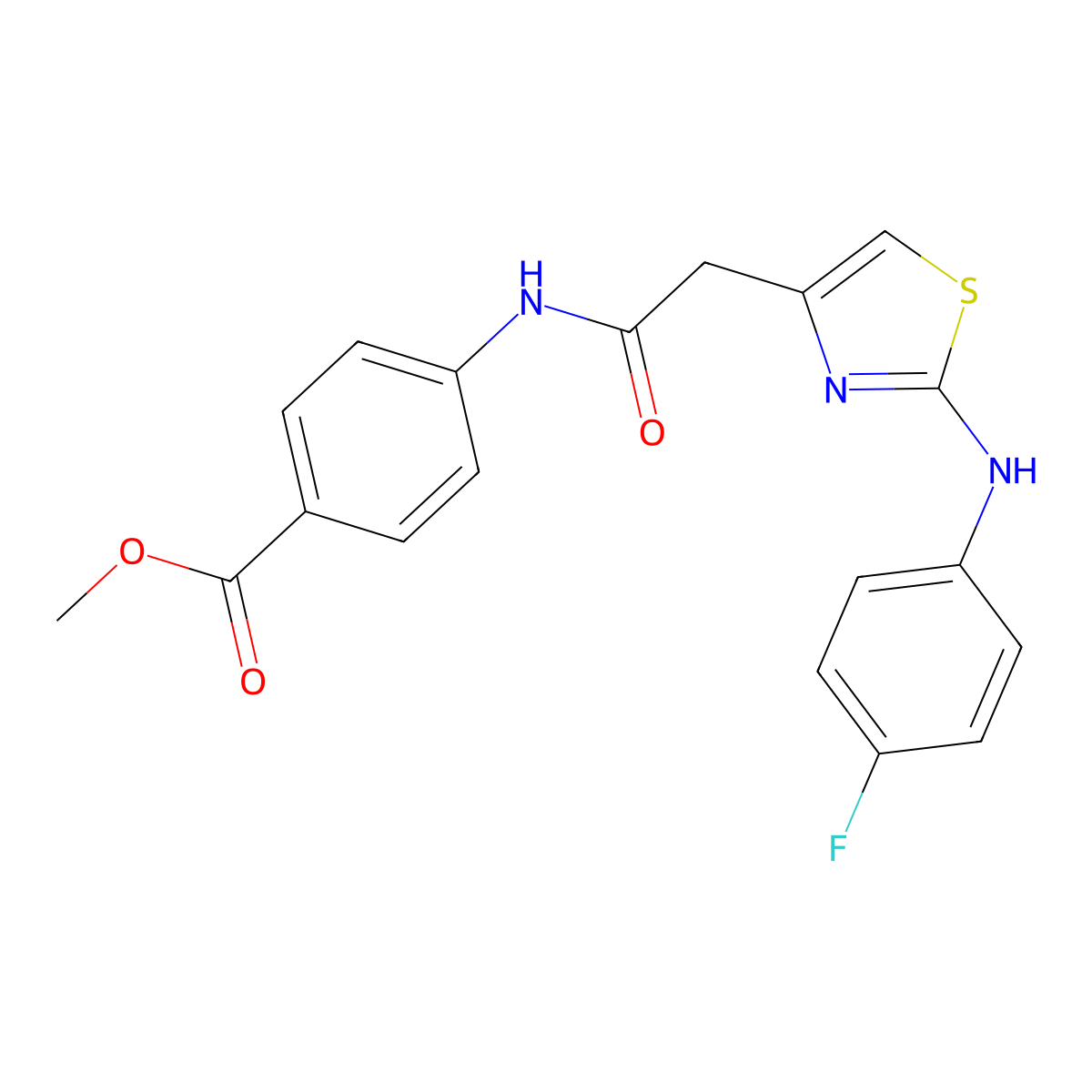 Methyl 4-(2-{2-[(4-fluorophenyl)amino]-1,3-thiazol-4-yl}acetamido)benzoate molecular structure, CAS 1040652-20-7