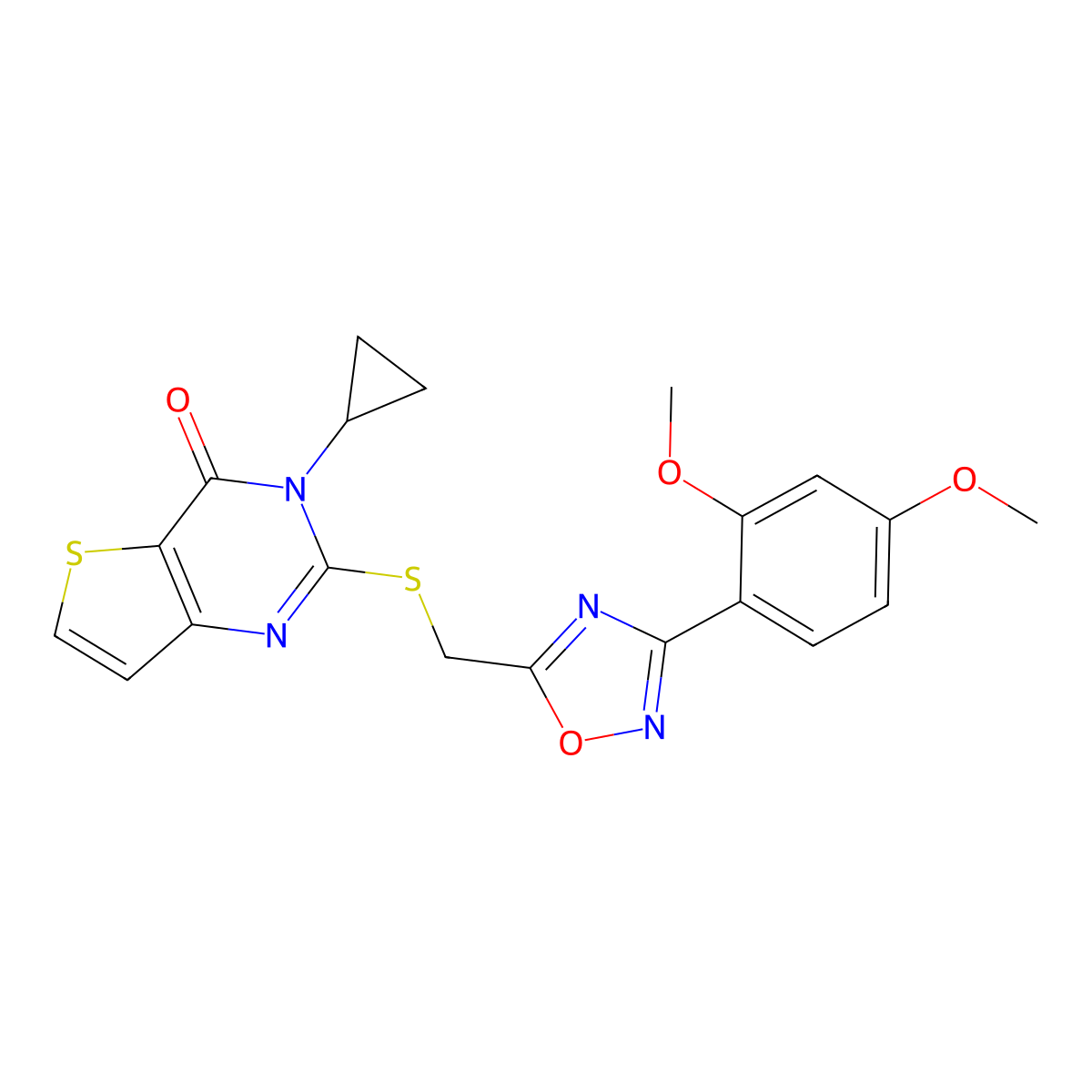 3-cyclopropyl-2-({[3-(2,4-dimethoxyphenyl)-1,2,4-oxadiazol-5-yl]methyl}sulfanyl)-3H,4H-thieno[3,2-d]pyrimidin-4-one molecular structure, CAS 1040652-21-8