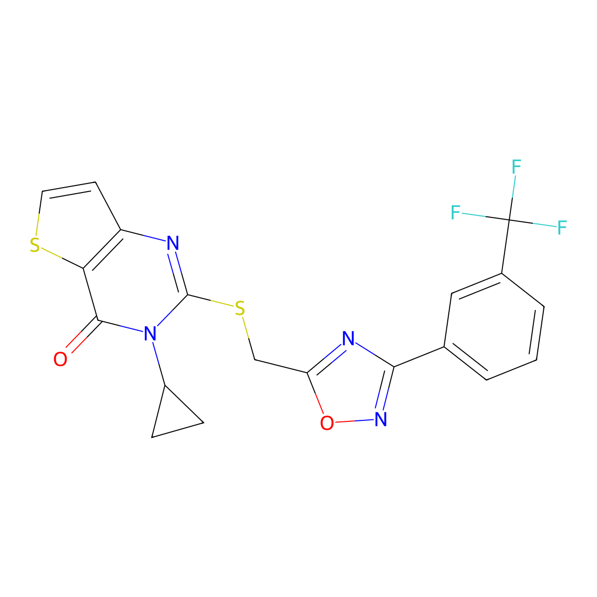 3-cyclopropyl-2-[({3-[3-(trifluoromethyl)phenyl]-1,2,4-oxadiazol-5-yl}methyl)sulfanyl]-3H,4H-thieno[3,2-d]pyrimidin-4-one molecular structure, CAS 1040652-28-5