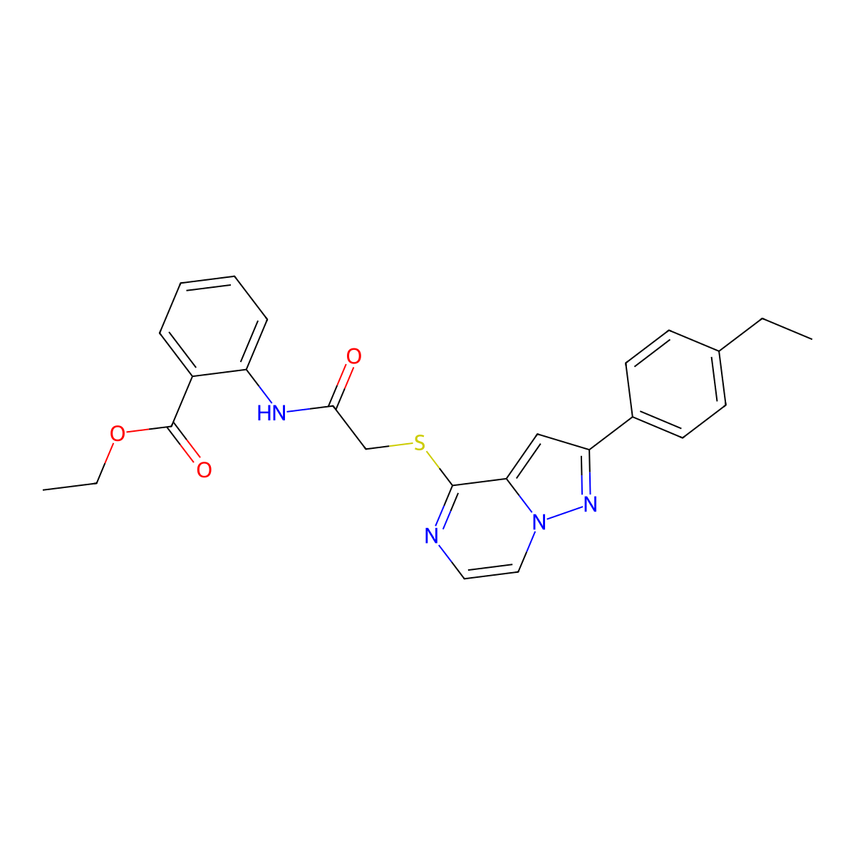 Ethyl 2-(2-{[2-(4-ethylphenyl)pyrazolo[1,5-A]pyrazin-4-YL]sulfanyl}acetamido)benzoate molecular structure, CAS 1040652-67-2