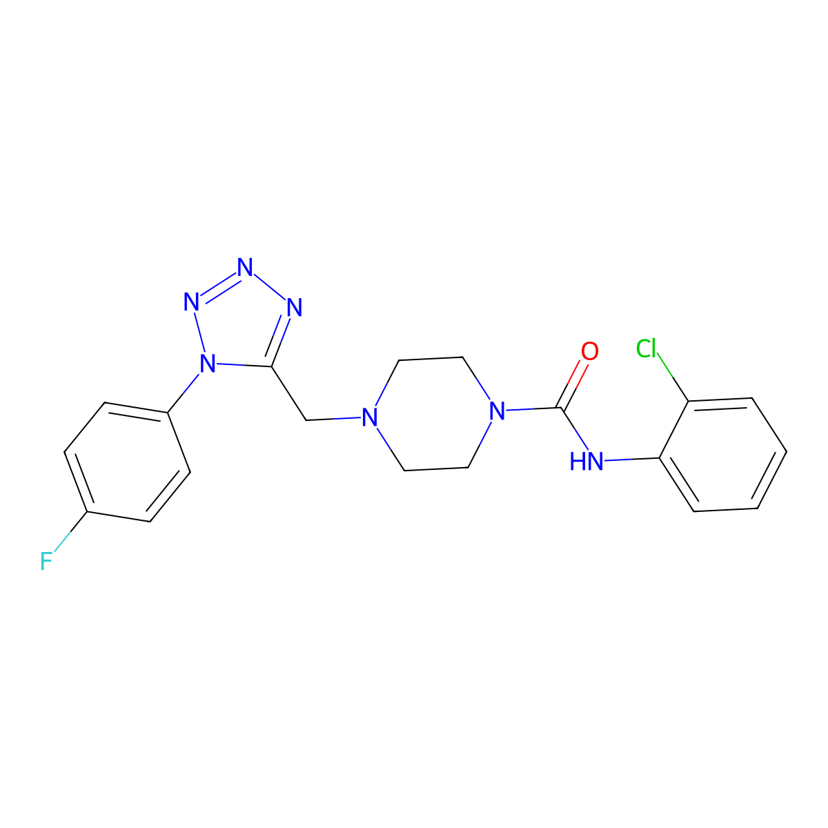 N-(2-chlorophenyl)-4-((1-(4-fluorophenyl)-1H-tetrazol-5-yl)methyl)piperazine-1-carboxamide molecular structure, CAS 1040652-79-6