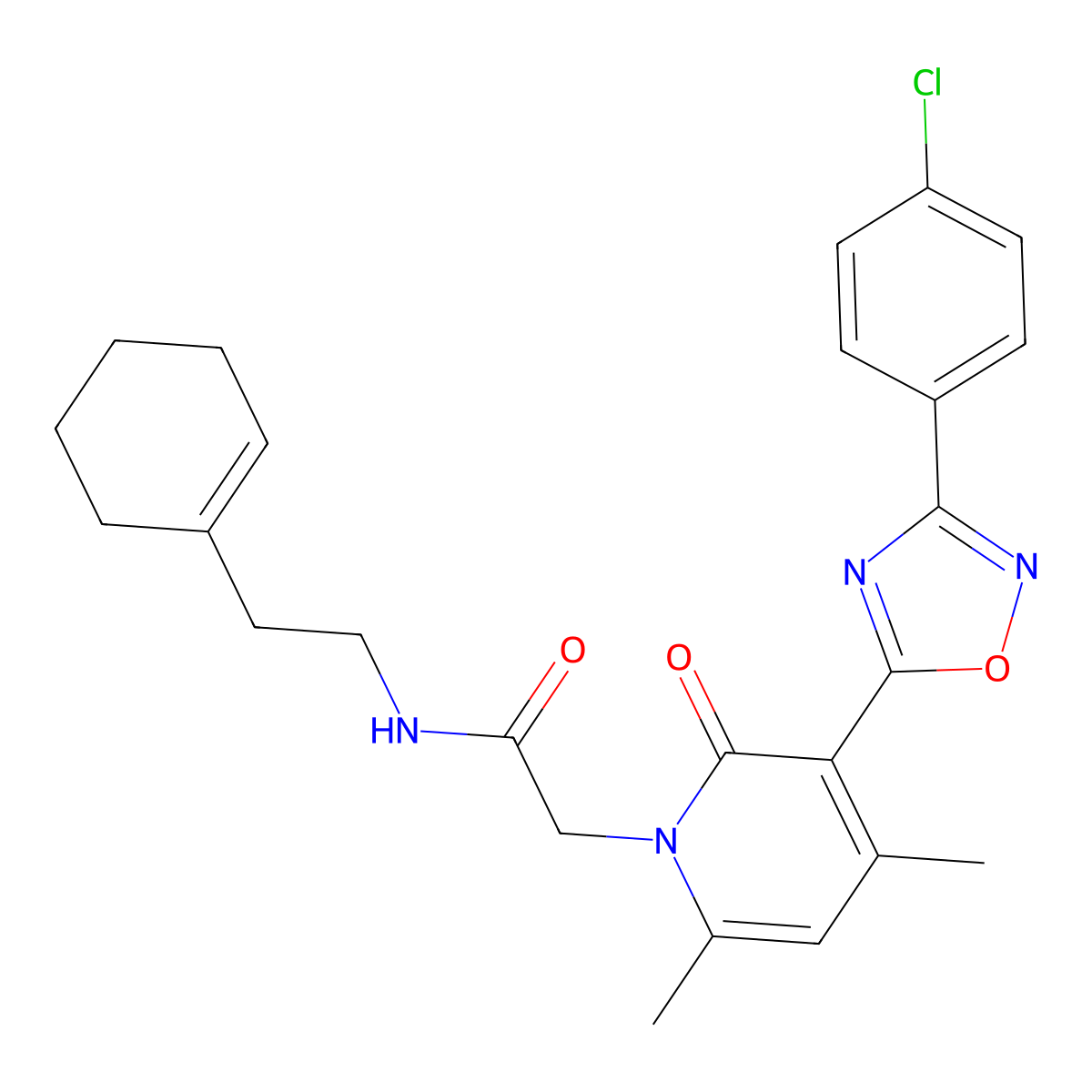 2-(3-(3-(4-chlorophenyl)-1,2,4-oxadiazol-5-yl)-4,6-dimethyl-2-oxopyridin-1(2H)-yl)-N-(2-(cyclohex-1-en-1-yl)ethyl)acetamide molecular structure, CAS 1040653-04-0