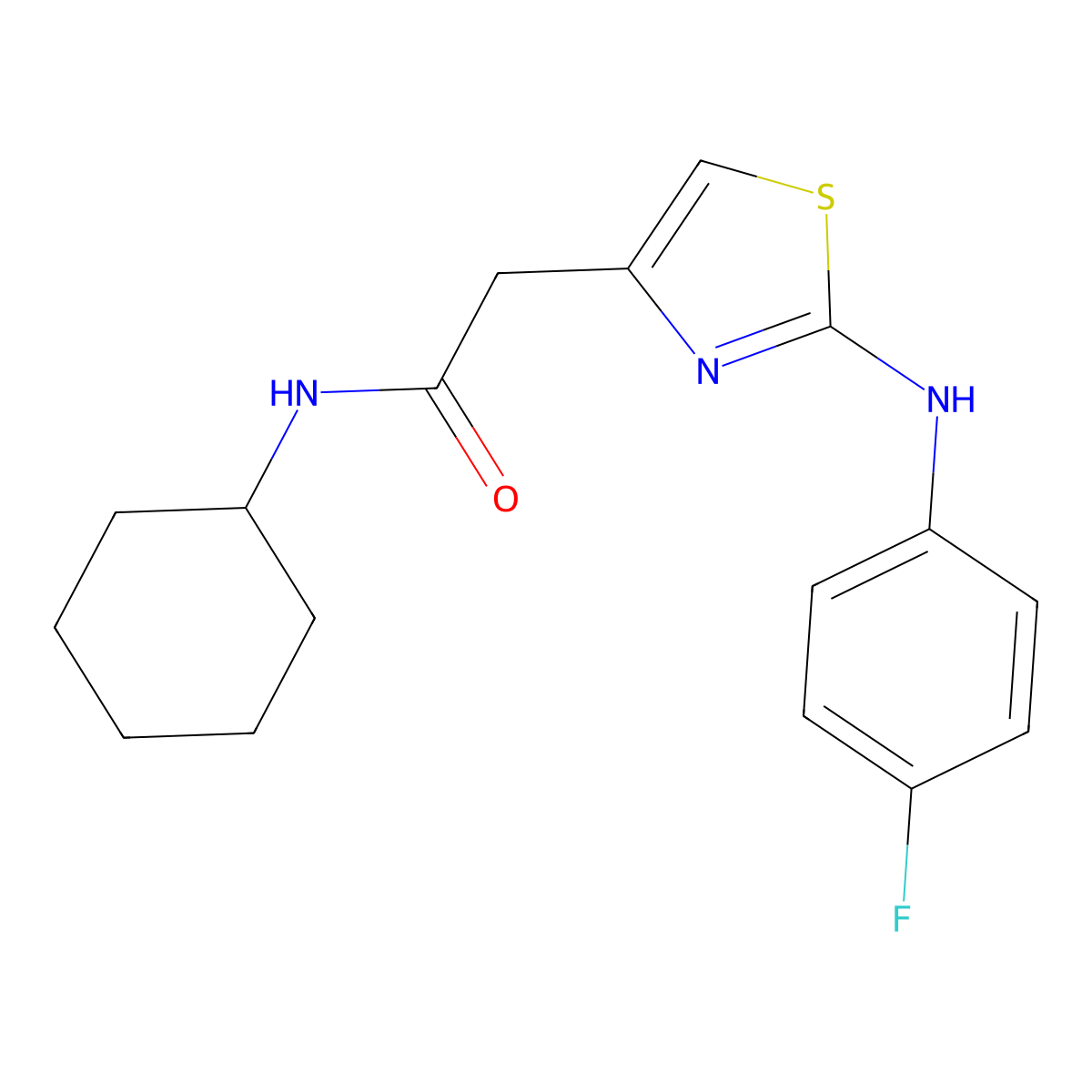 N-cyclohexyl-2-{2-[(4-fluorophenyl)amino]-1,3-thiazol-4-yl}acetamide molecular structure, CAS 1040653-30-2