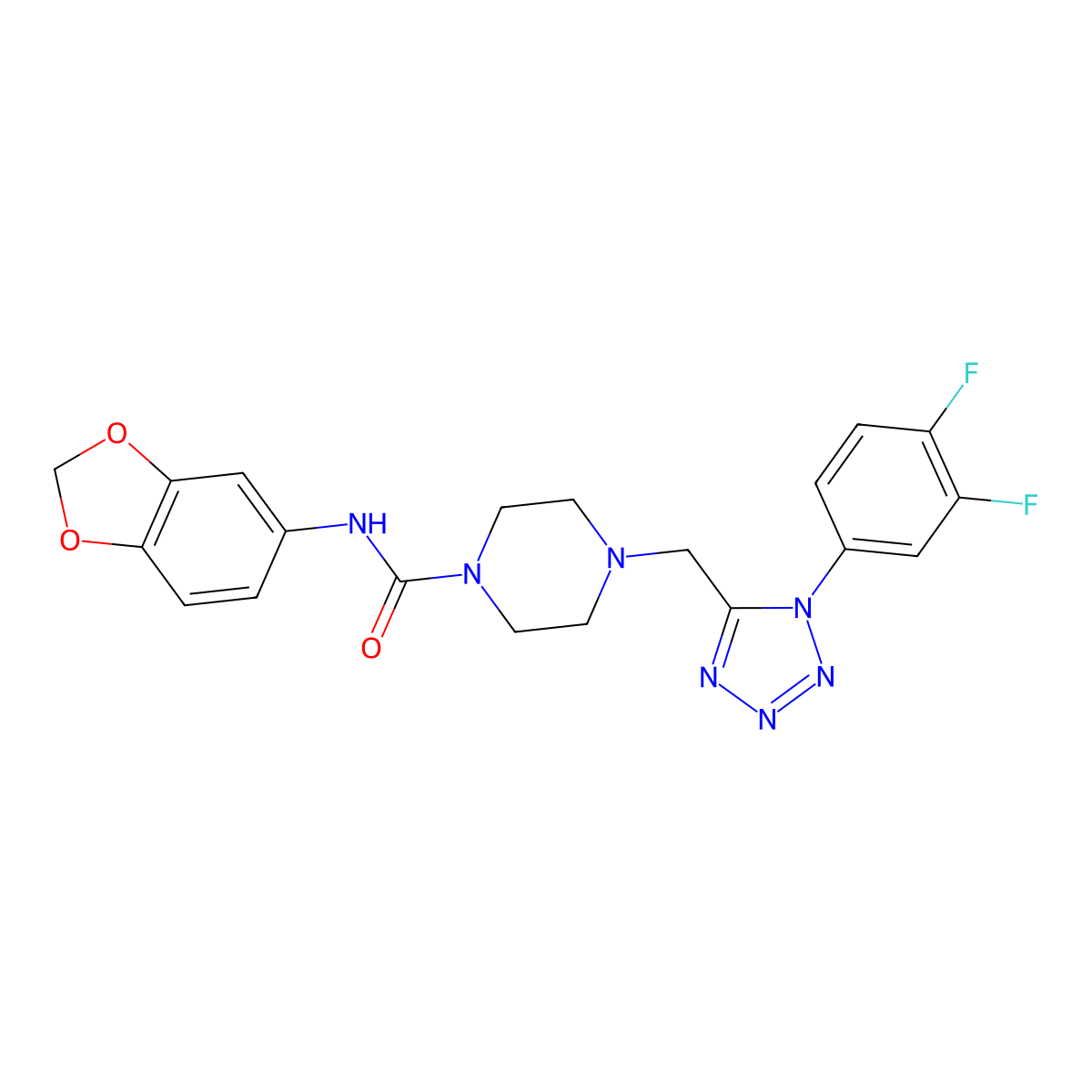 N-(benzo[d][1,3]dioxol-5-yl)-4-((1-(3,4-difluorophenyl)-1H-tetrazol-5-yl)methyl)piperazine-1-carboxamide molecular structure, CAS 1040653-49-3