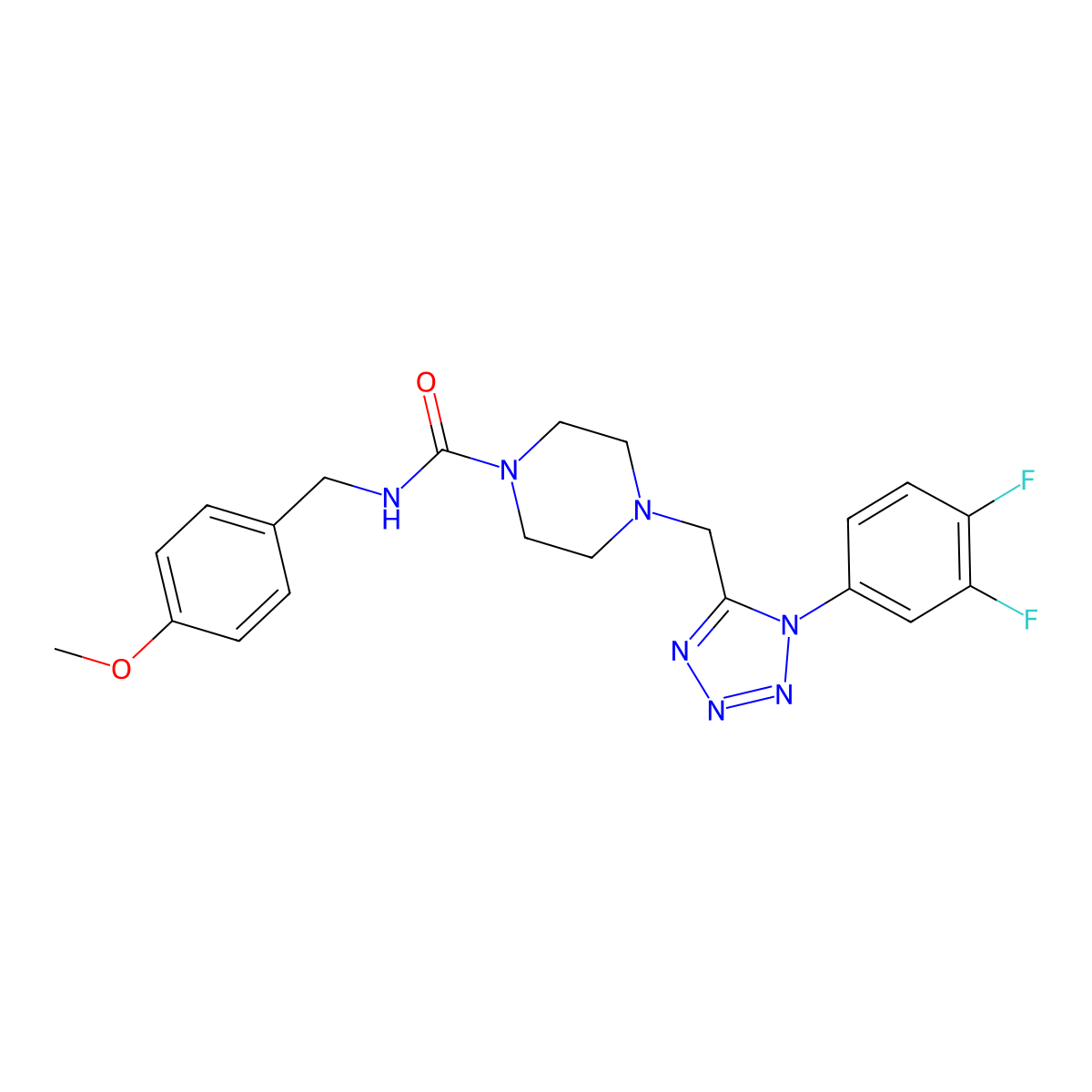 4-((1-(3,4-difluorophenyl)-1H-tetrazol-5-yl)methyl)-N-(4-methoxybenzyl)piperazine-1-carboxamide molecular structure, CAS 1040653-65-3