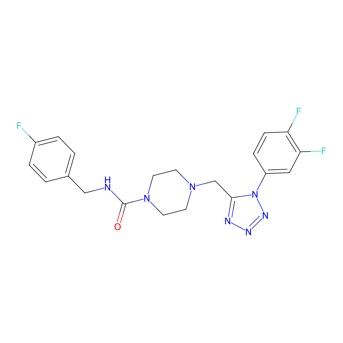 4-((1-(3,4-difluorophenyl)-1H-tetrazol-5-yl)methyl)-N-(4-fluorobenzyl)piperazine-1-carboxamide molecular structure, CAS 1040653-73-3