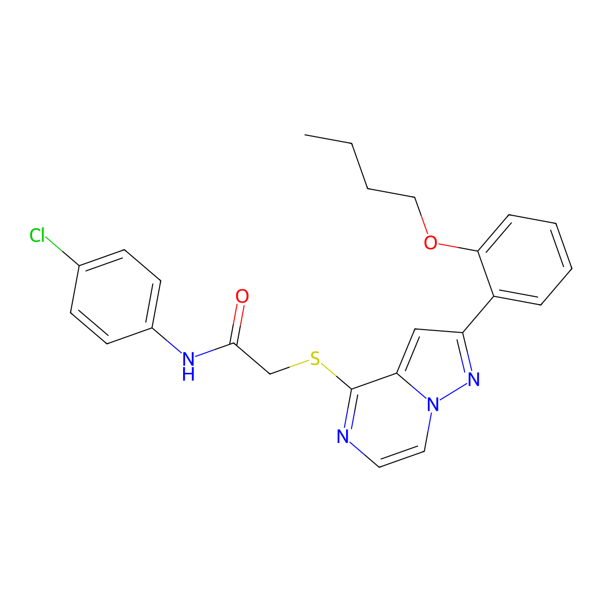2-{[2-(2-butoxyphenyl)pyrazolo[1,5-a]pyrazin-4-yl]sulfanyl}-N-(4-chlorophenyl)acetamide molecular structure, CAS 1040653-79-9