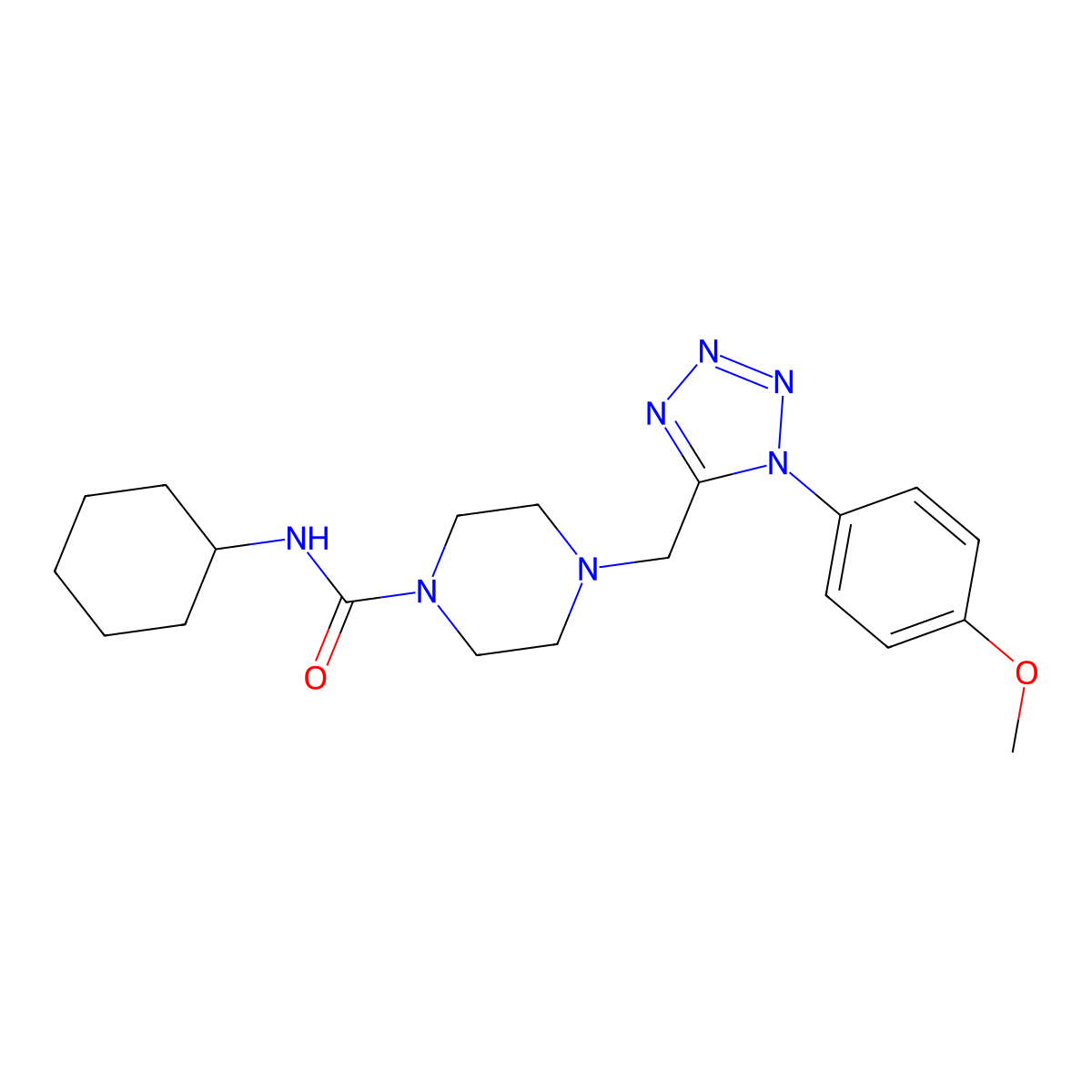 N-cyclohexyl-4-((1-(4-methoxyphenyl)-1H-tetrazol-5-yl)methyl)piperazine-1-carboxamide molecular structure, CAS 1040653-81-3
