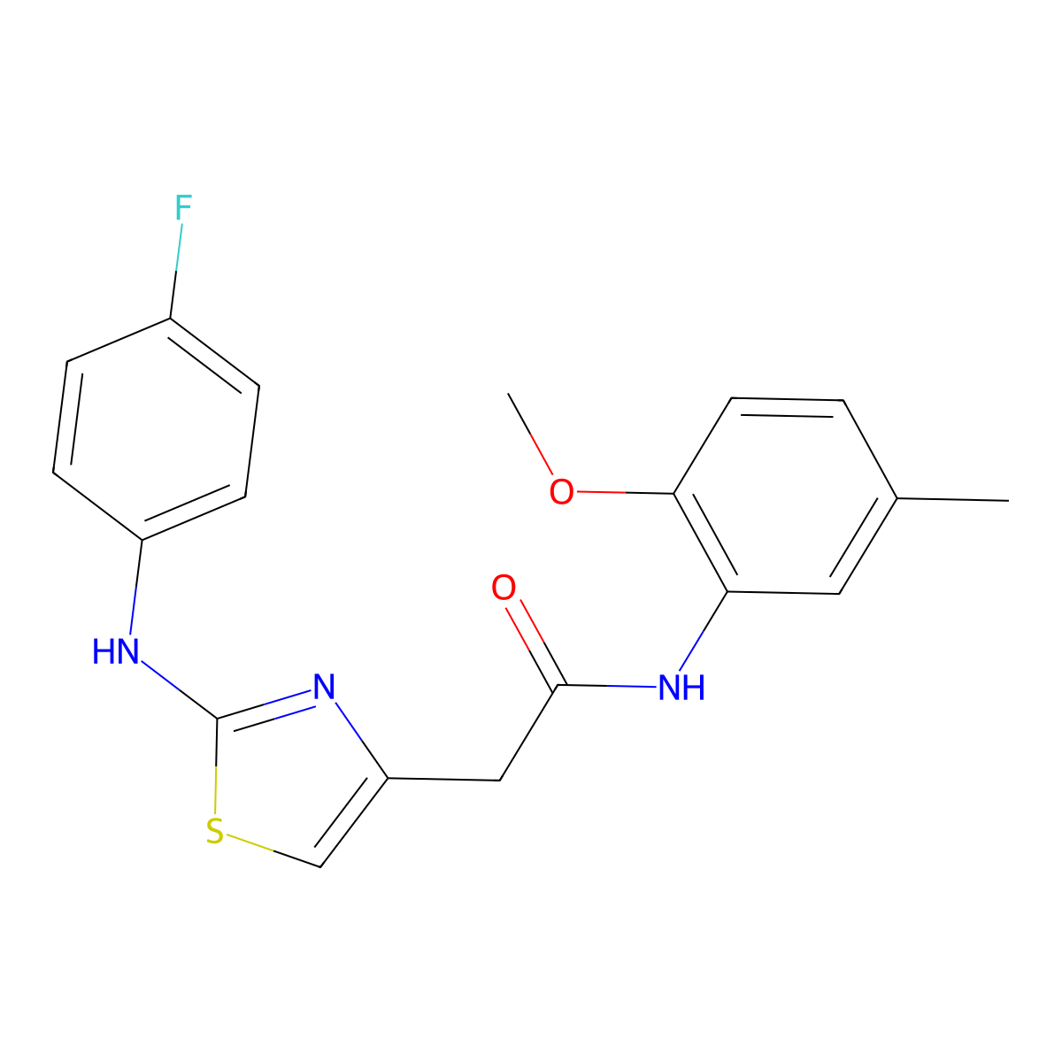 2-{2-[(4-fluorophenyl)amino]-1,3-thiazol-4-yl}-N-(2-methoxy-5-methylphenyl)acetamide molecular structure, CAS 1040653-86-8