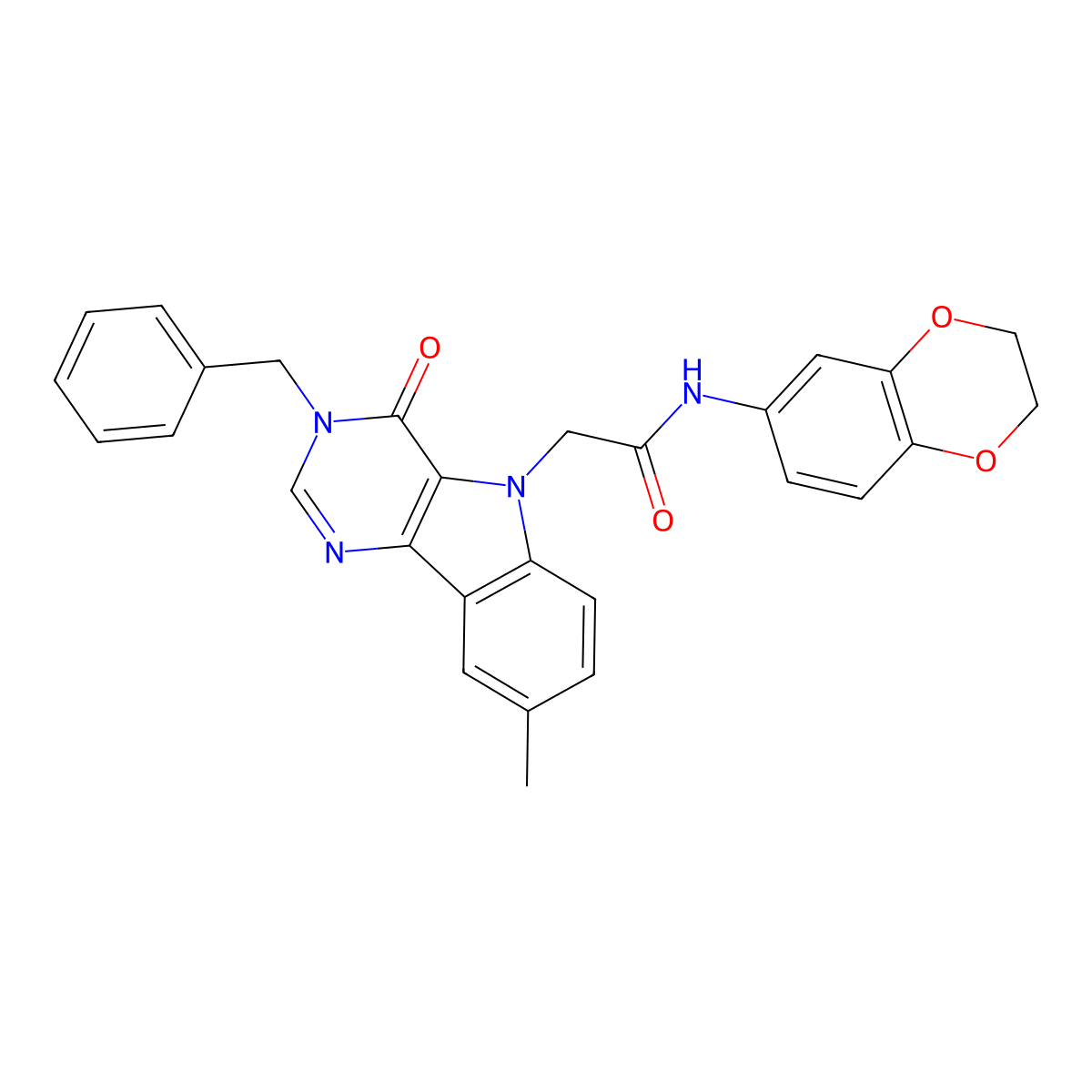 2-{3-benzyl-8-methyl-4-oxo-3H,4H,5H-pyrimido[5,4-b]indol-5-yl}-N-(2,3-dihydro-1,4-benzodioxin-6-yl)acetamide molecular structure, CAS 1040654-08-7