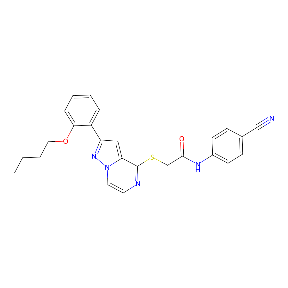 2-{[2-(2-butoxyphenyl)pyrazolo[1,5-a]pyrazin-4-yl]sulfanyl}-N-(4-cyanophenyl)acetamide molecular structure, CAS 1040654-11-2