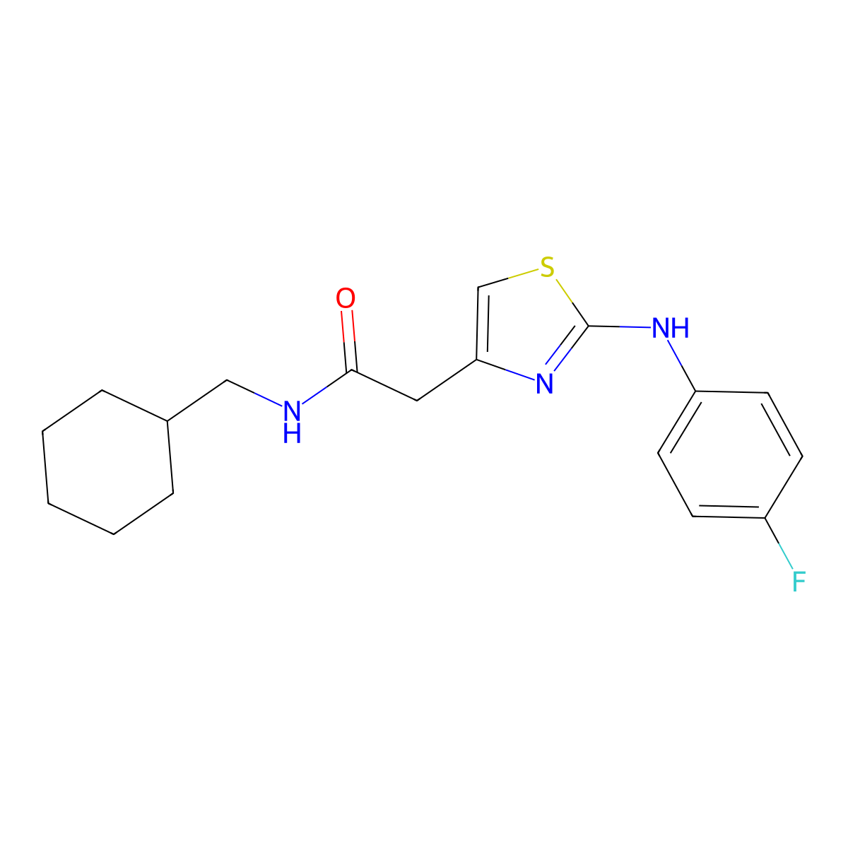 N-(cyclohexylmethyl)-2-{2-[(4-fluorophenyl)amino]-1,3-thiazol-4-yl}acetamide molecular structure, CAS 1040654-18-9