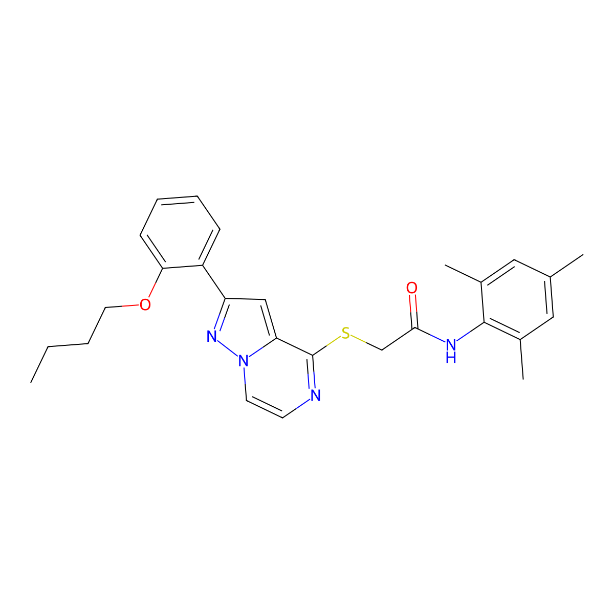 2-{[2-(2-butoxyphenyl)pyrazolo[1,5-a]pyrazin-4-yl]sulfanyl}-N-(2,4,6-trimethylphenyl)acetamide molecular structure, CAS 1040654-27-0