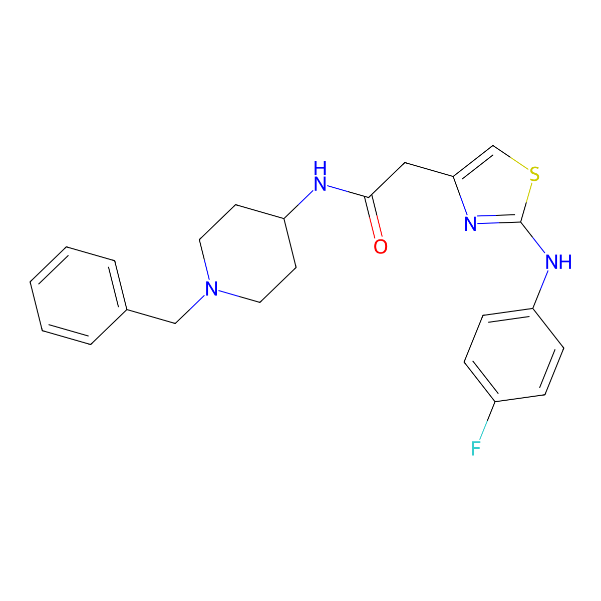 N-(1-benzylpiperidin-4-yl)-2-{2-[(4-fluorophenyl)amino]-1,3-thiazol-4-yl}acetamide molecular structure, CAS 1040654-34-9