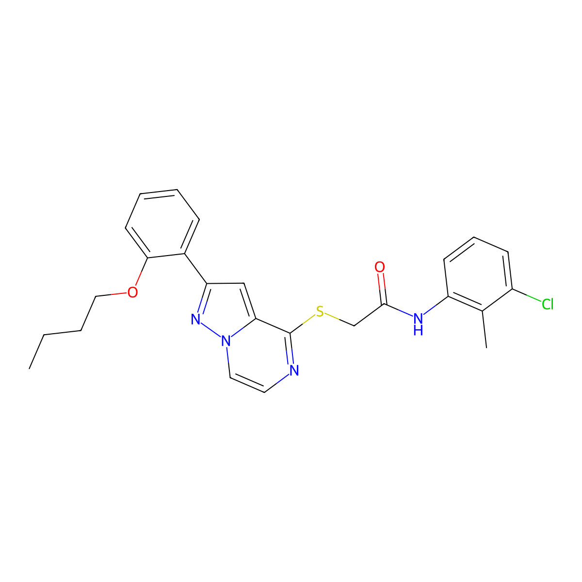 2-{[2-(2-butoxyphenyl)pyrazolo[1,5-a]pyrazin-4-yl]sulfanyl}-N-(3-chloro-2-methylphenyl)acetamide molecular structure, CAS 1040654-43-0