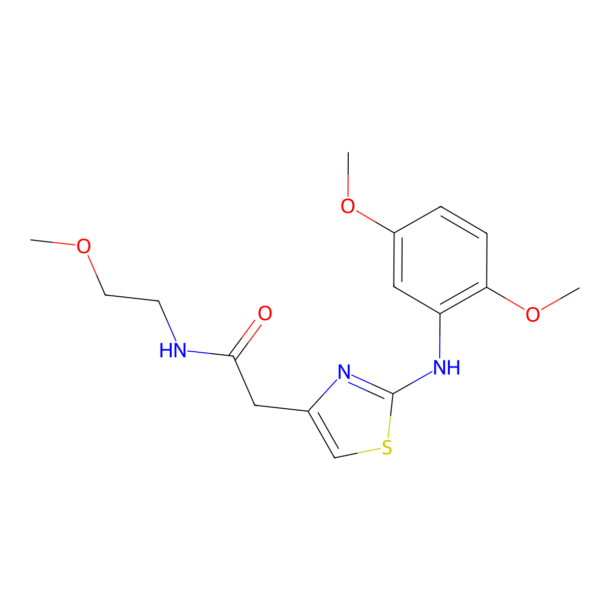 2-(2-((2,5-dimethoxyphenyl)amino)thiazol-4-yl)-N-(2-methoxyethyl)acetamide molecular structure, CAS 1040654-50-9