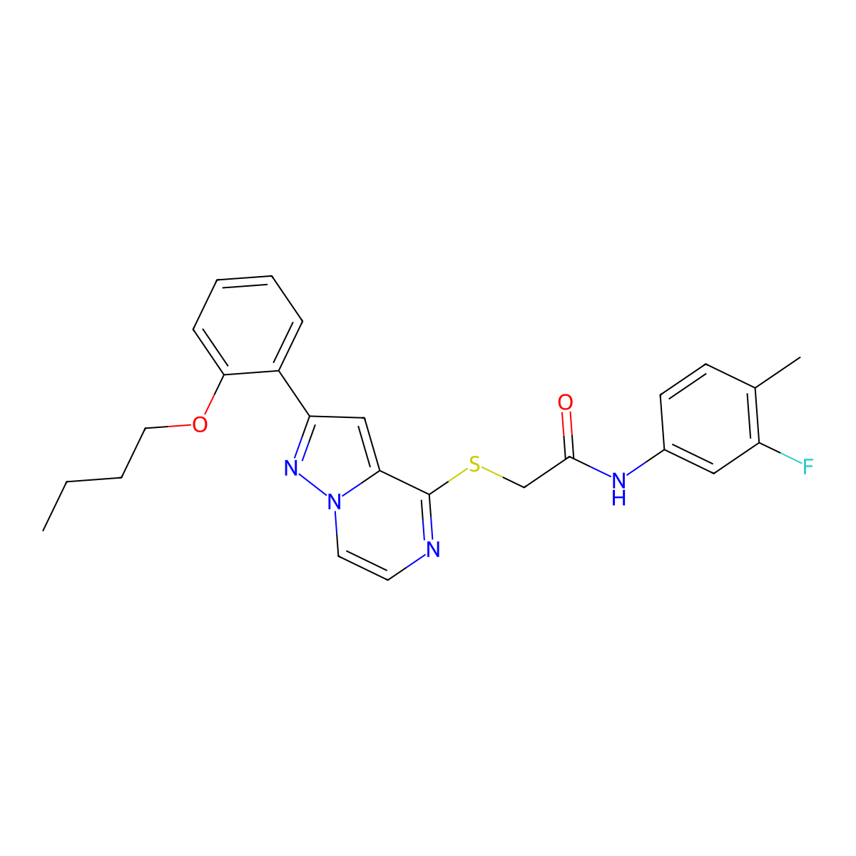 2-{[2-(2-butoxyphenyl)pyrazolo[1,5-a]pyrazin-4-yl]sulfanyl}-N-(3-fluoro-4-methylphenyl)acetamide molecular structure, CAS 1040654-51-0
