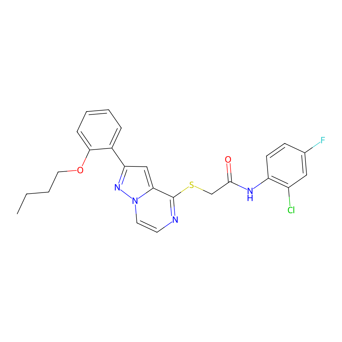 2-{[2-(2-butoxyphenyl)pyrazolo[1,5-a]pyrazin-4-yl]sulfanyl}-N-(2-chloro-4-fluorophenyl)acetamide molecular structure, CAS 1040654-59-8