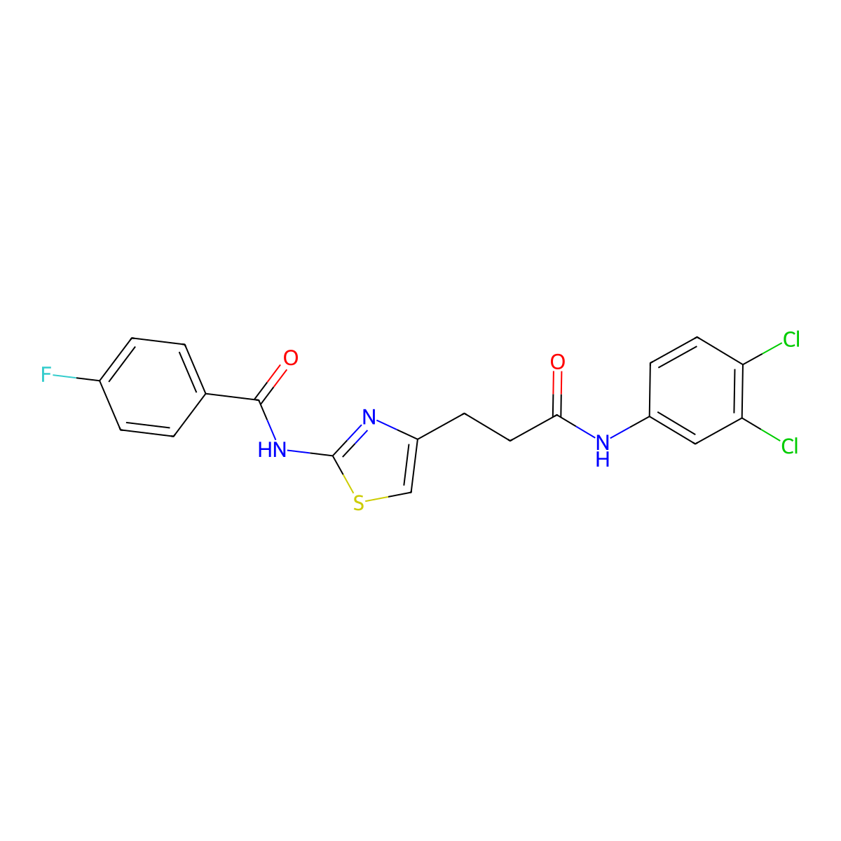 N-(4-(3-((3,4-dichlorophenyl)amino)-3-oxopropyl)thiazol-2-yl)-4-fluorobenzamide molecular structure, CAS 1040654-77-0