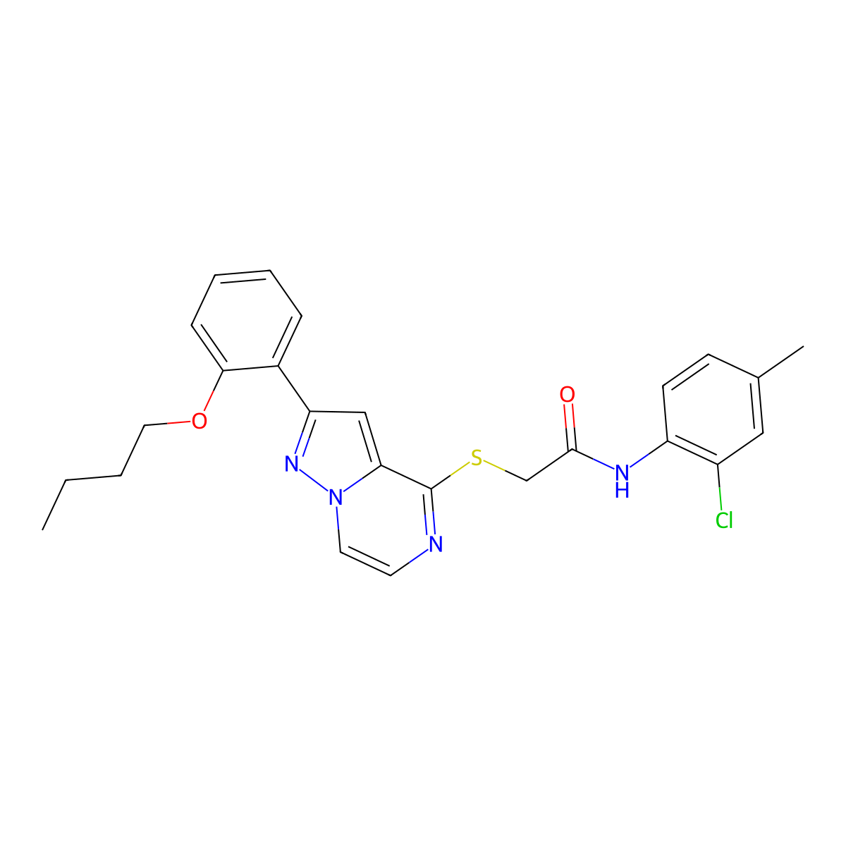 2-{[2-(2-butoxyphenyl)pyrazolo[1,5-a]pyrazin-4-yl]sulfanyl}-N-(2-chloro-4-methylphenyl)acetamide molecular structure, CAS 1040655-05-7