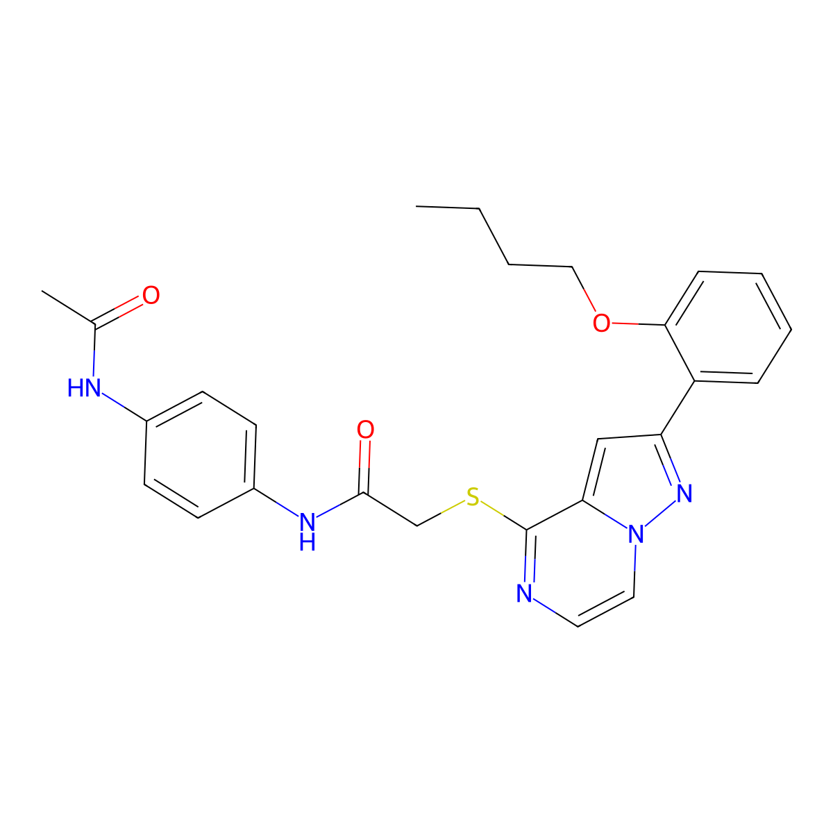 2-{[2-(2-Butoxyphenyl)pyrazolo[1,5-A]pyrazin-4-YL]sulfanyl}-N-(4-acetamidophenyl)acetamide molecular structure, CAS 1040655-12-6