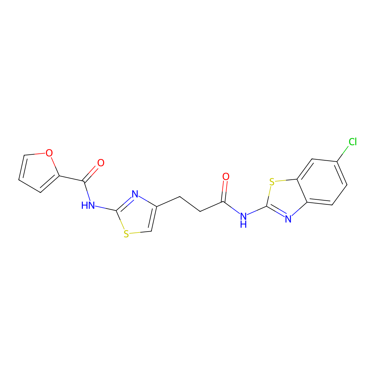 N-(4-(3-((6-chlorobenzo[d]thiazol-2-yl)amino)-3-oxopropyl)thiazol-2-yl)furan-2-carboxamide molecular structure, CAS 1040655-21-7