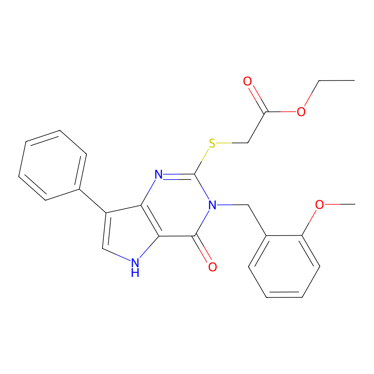 ethyl 2-((3-(2-methoxybenzyl)-4-oxo-7-phenyl-4,5-dihydro-3H-pyrrolo[3,2-d]pyrimidin-2-yl)thio)acetate molecular structure, CAS 1040655-23-9