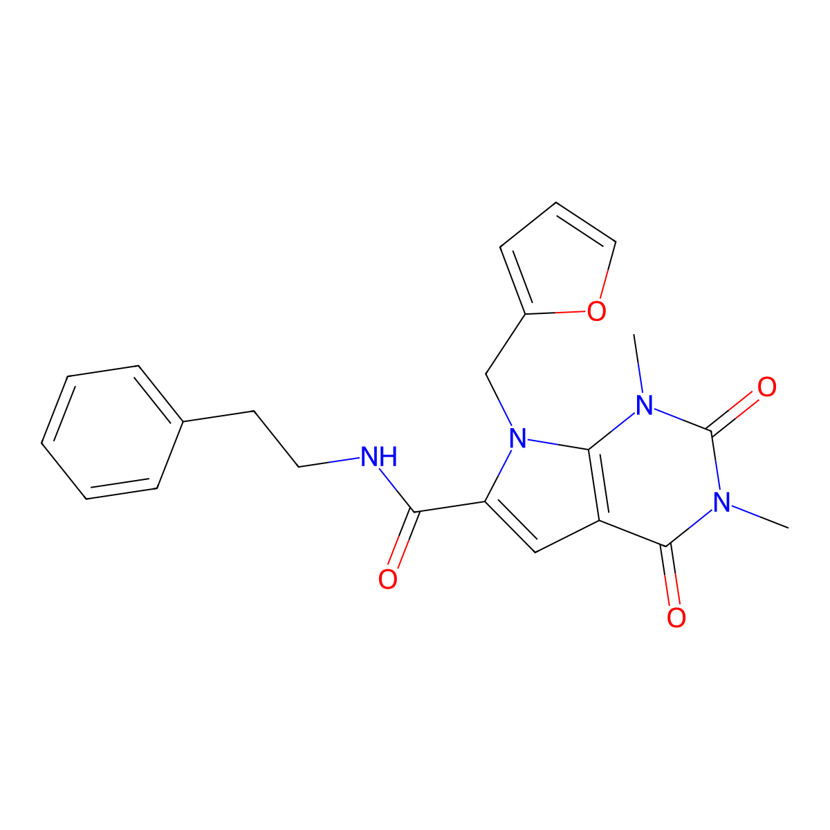 7-(furan-2-ylmethyl)-1,3-dimethyl-2,4-dioxo-N-phenethyl-2,3,4,7-tetrahydro-1H-pyrrolo[2,3-d]pyrimidine-6-carboxamide molecular structure, CAS 1040655-28-4
