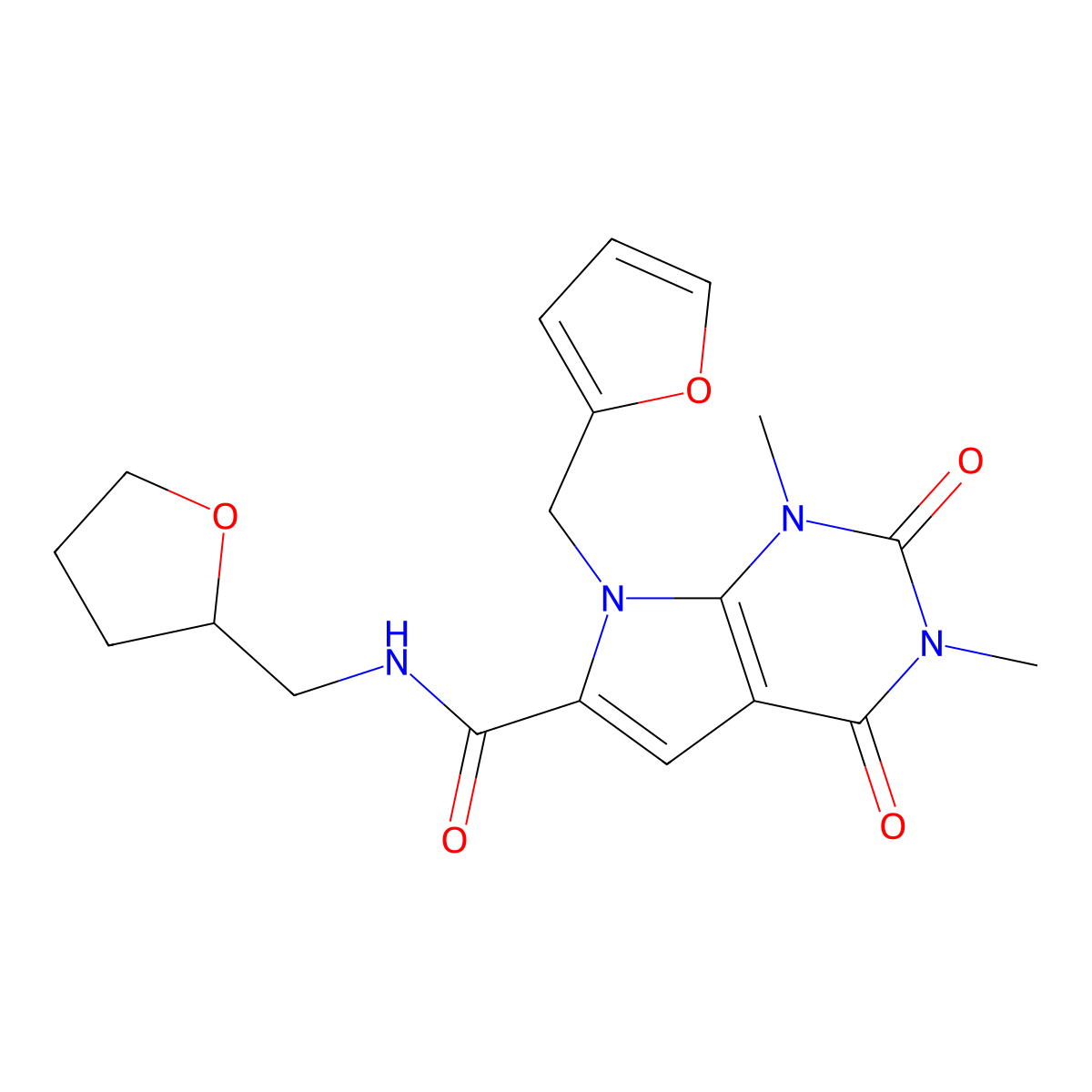 7-(furan-2-ylmethyl)-1,3-dimethyl-2,4-dioxo-N-((tetrahydrofuran-2-yl)methyl)-2,3,4,7-tetrahydro-1H-pyrrolo[2,3-d]pyrimidine-6-carboxamide molecular structure, CAS 1040655-35-3