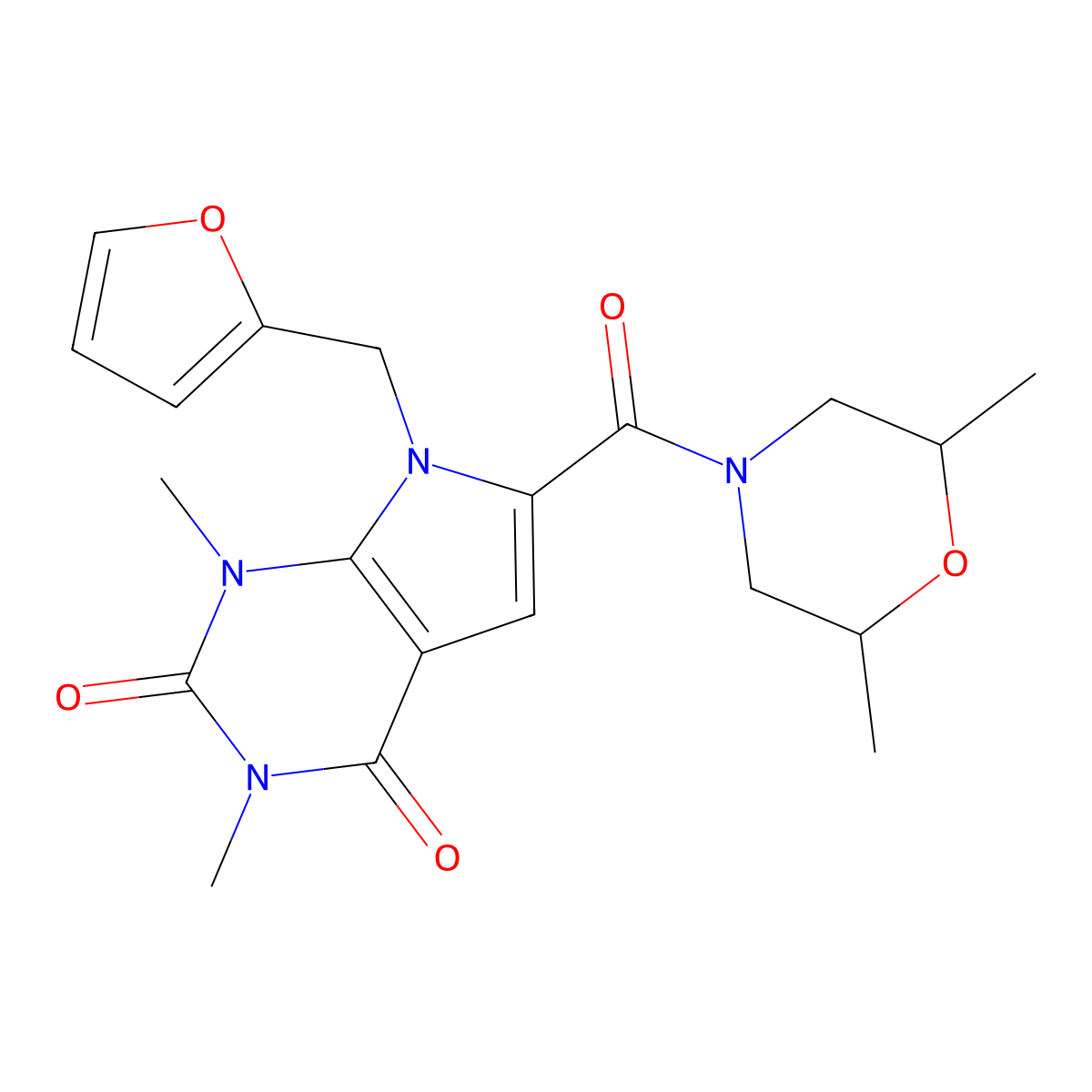 6-(2,6-dimethylmorpholine-4-carbonyl)-7-(furan-2-ylmethyl)-1,3-dimethyl-1H-pyrrolo[2,3-d]pyrimidine-2,4(3H,7H)-dione molecular structure, CAS 1040655-43-3