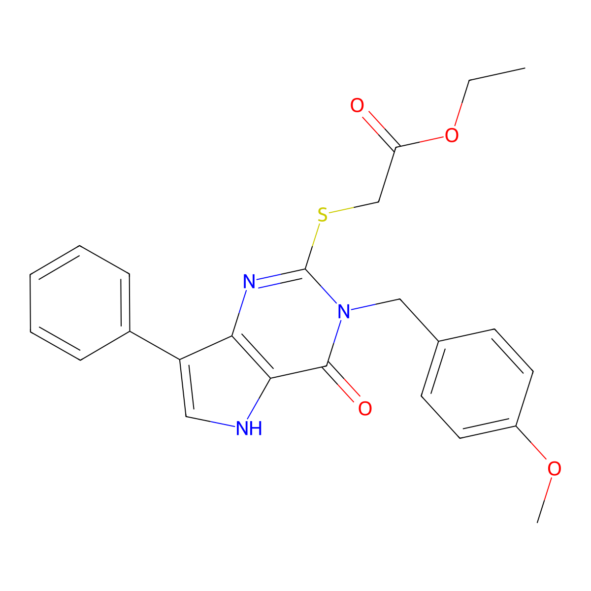 ethyl 2-((3-(4-methoxybenzyl)-4-oxo-7-phenyl-4,5-dihydro-3H-pyrrolo[3,2-d]pyrimidin-2-yl)thio)acetate molecular structure, CAS 1040655-46-6