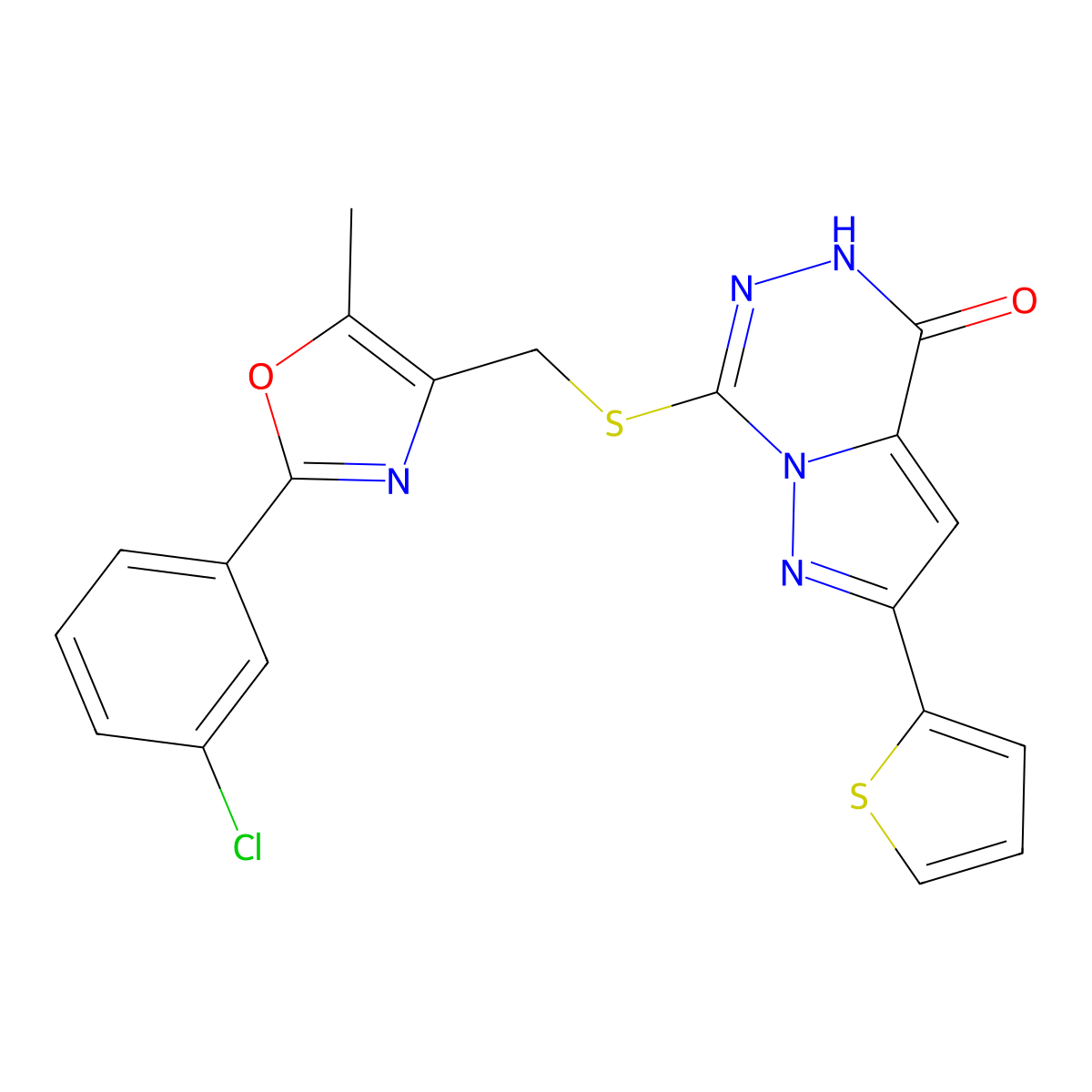 7-({[2-(3-chlorophenyl)-5-methyl-1,3-oxazol-4-yl]methyl}sulfanyl)-2-(thiophen-2-yl)-4H,5H-pyrazolo[1,5-d][1,2,4]triazin-4-one molecular structure, CAS 1040655-50-2