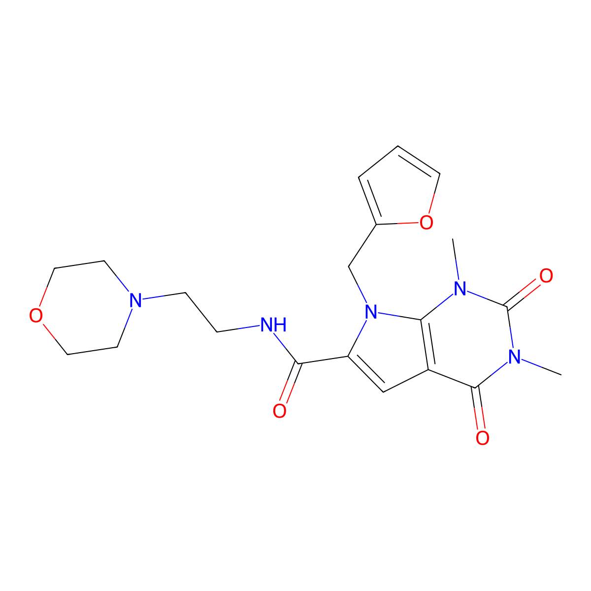 7-(furan-2-ylmethyl)-1,3-dimethyl-N-[2-(morpholin-4-yl)ethyl]-2,4-dioxo-2,3,4,7-tetrahydro-1H-pyrrolo[2,3-d]pyrimidine-6-carboxamide molecular structure, CAS 1040655-51-3