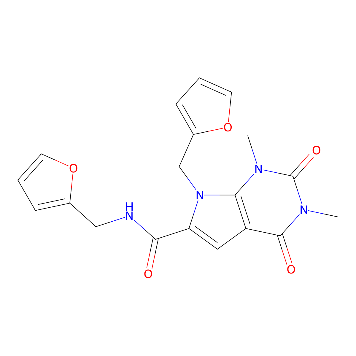 N,7-bis(furan-2-ylmethyl)-1,3-dimethyl-2,4-dioxo-2,3,4,7-tetrahydro-1H-pyrrolo[2,3-d]pyrimidine-6-carboxamide molecular structure, CAS 1040655-59-1