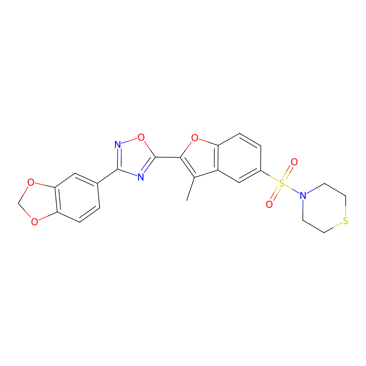 4-({2-[3-(2H-1,3-benzodioxol-5-yl)-1,2,4-oxadiazol-5-yl]-3-methyl-1-benzofuran-5-yl}sulfonyl)thiomorpholine molecular structure, CAS 1040655-66-0