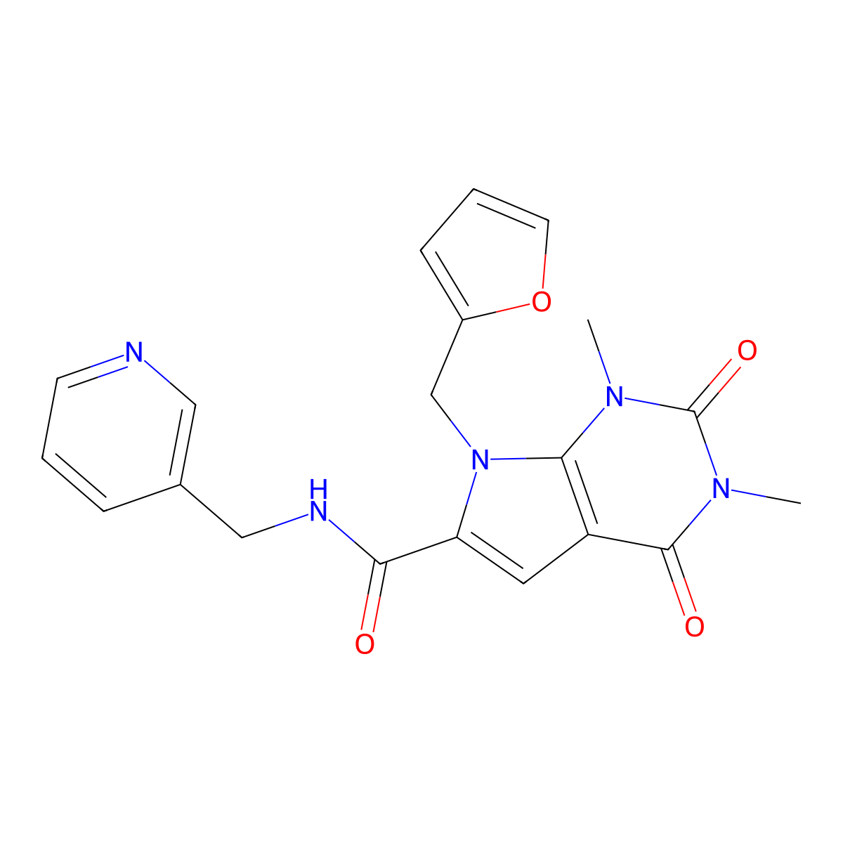 7-(furan-2-ylmethyl)-1,3-dimethyl-2,4-dioxo-N-(pyridin-3-ylmethyl)-2,3,4,7-tetrahydro-1H-pyrrolo[2,3-d]pyrimidine-6-carboxamide molecular structure, CAS 1040655-67-1