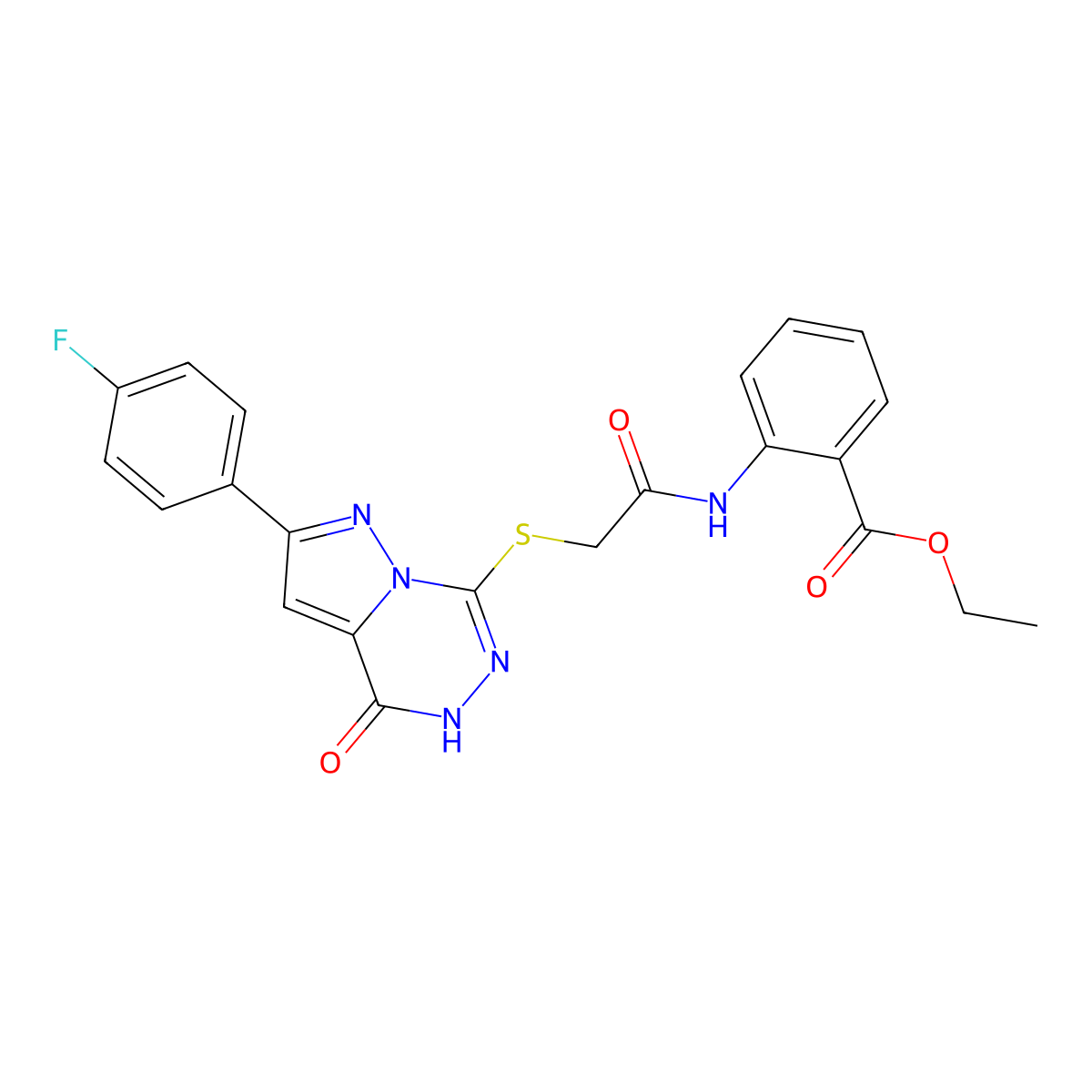 ethyl 2-(2-{[2-(4-fluorophenyl)-4-oxo-4H,5H-pyrazolo[1,5-d][1,2,4]triazin-7-yl]sulfanyl}acetamido)benzoate molecular structure, CAS 1040655-74-0