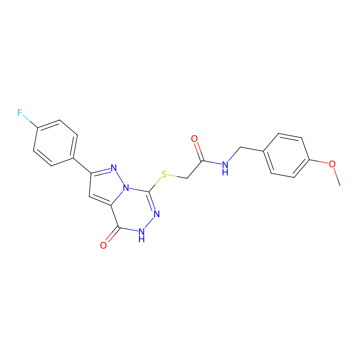2-((8-(4-fluorophenyl)-(oxo)dihydropyrazolo[1,5-d][1,2,4]triazin-2-yl)thio)-N-(4-methoxybenzyl)acetamide molecular structure, CAS 1040655-86-4