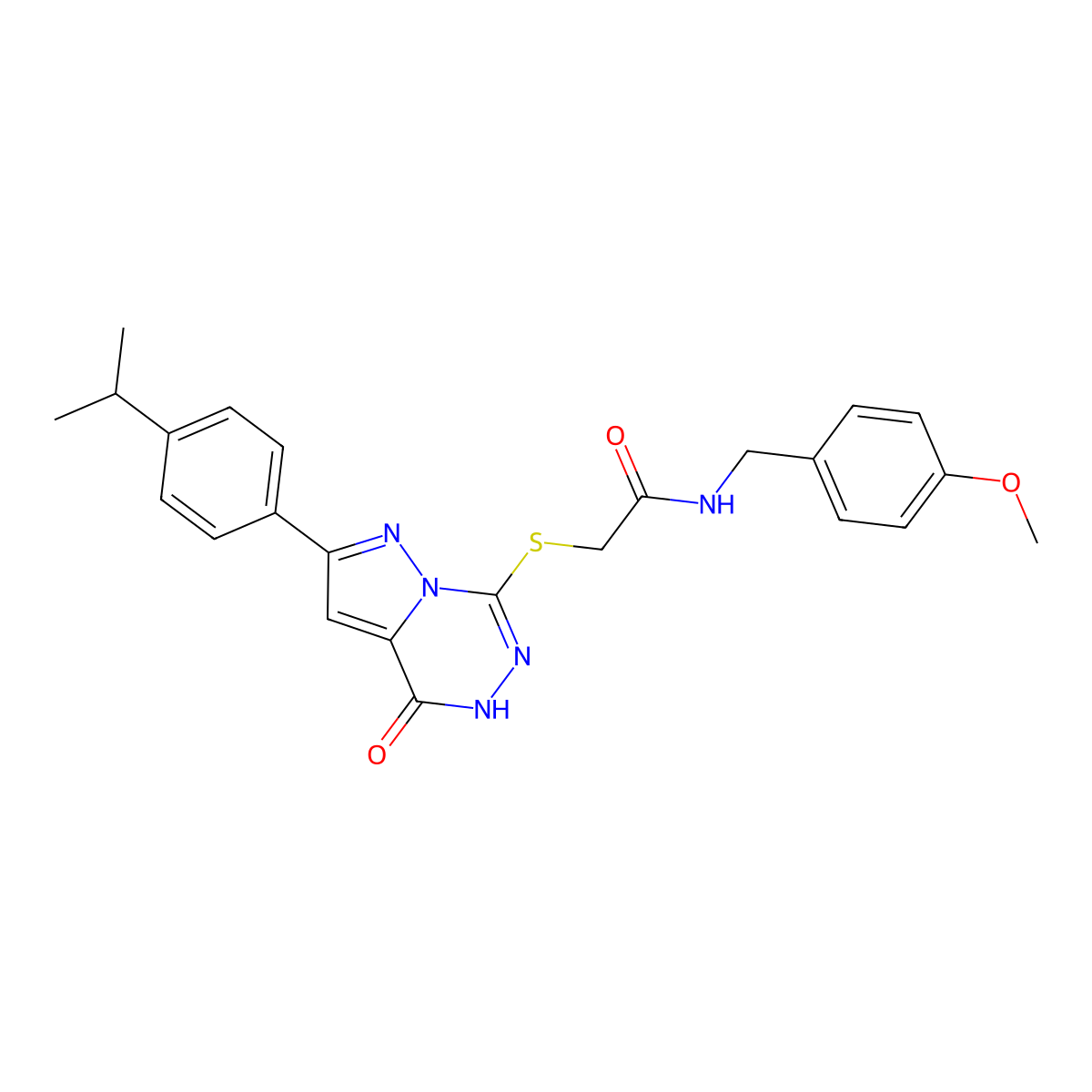 N-[(4-methoxyphenyl)methyl]-2-({4-oxo-2-[4-(propan-2-yl)phenyl]-4H,5H-pyrazolo[1,5-d][1,2,4]triazin-7-yl}sulfanyl)acetamide molecular structure, CAS 1040656-00-5
