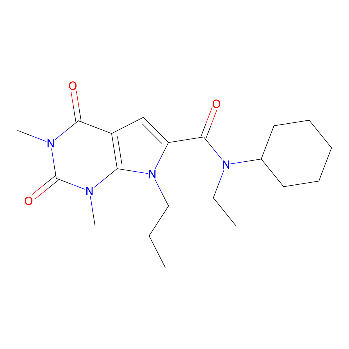 N-cyclohexyl-N-ethyl-1,3-dimethyl-2,4-dioxo-7-propyl-1H,2H,3H,4H,7H-pyrrolo[2,3-d]pyrimidine-6-carboxamide molecular structure, CAS 1040656-18-5