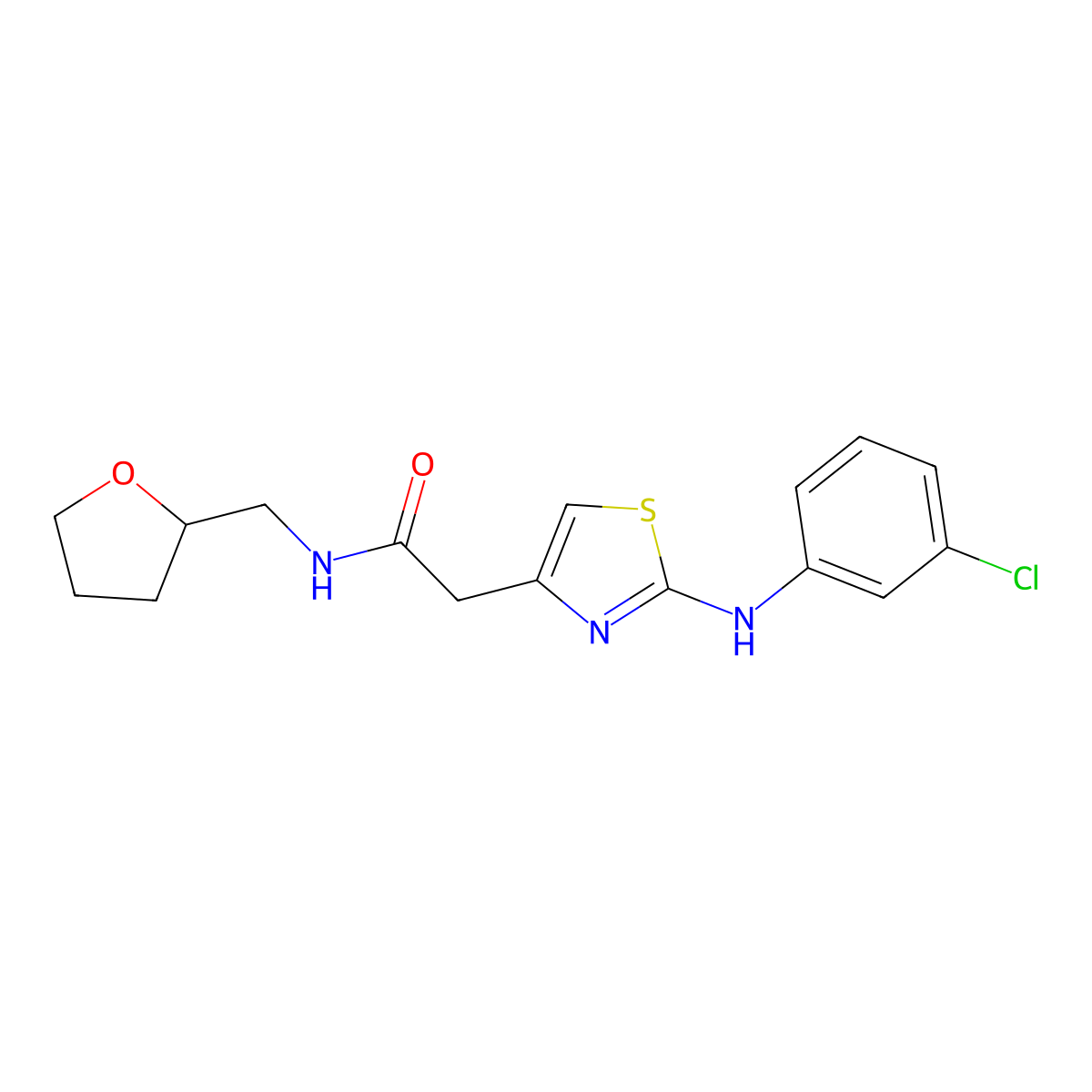2-(2-((3-chlorophenyl)amino)thiazol-4-yl)-N-((tetrahydrofuran-2-yl)methyl)acetamide molecular structure, CAS 1040656-23-2