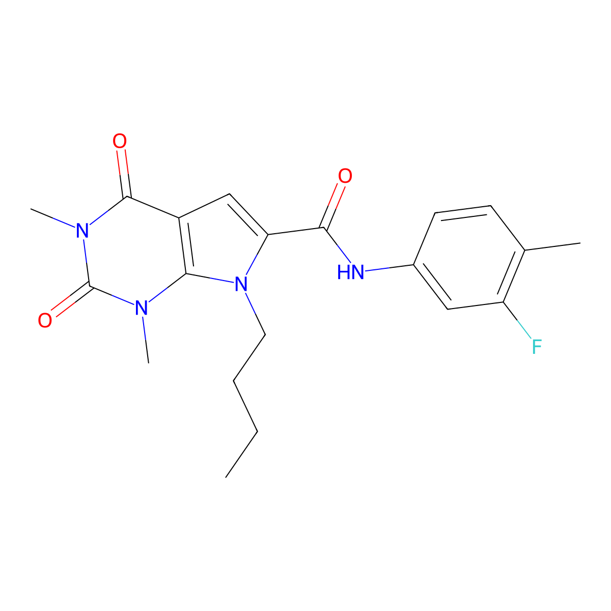 7-butyl-N-(3-fluoro-4-methylphenyl)-1,3-dimethyl-2,4-dioxo-2,3,4,7-tetrahydro-1H-pyrrolo[2,3-d]pyrimidine-6-carboxamide molecular structure, CAS 1040656-41-4